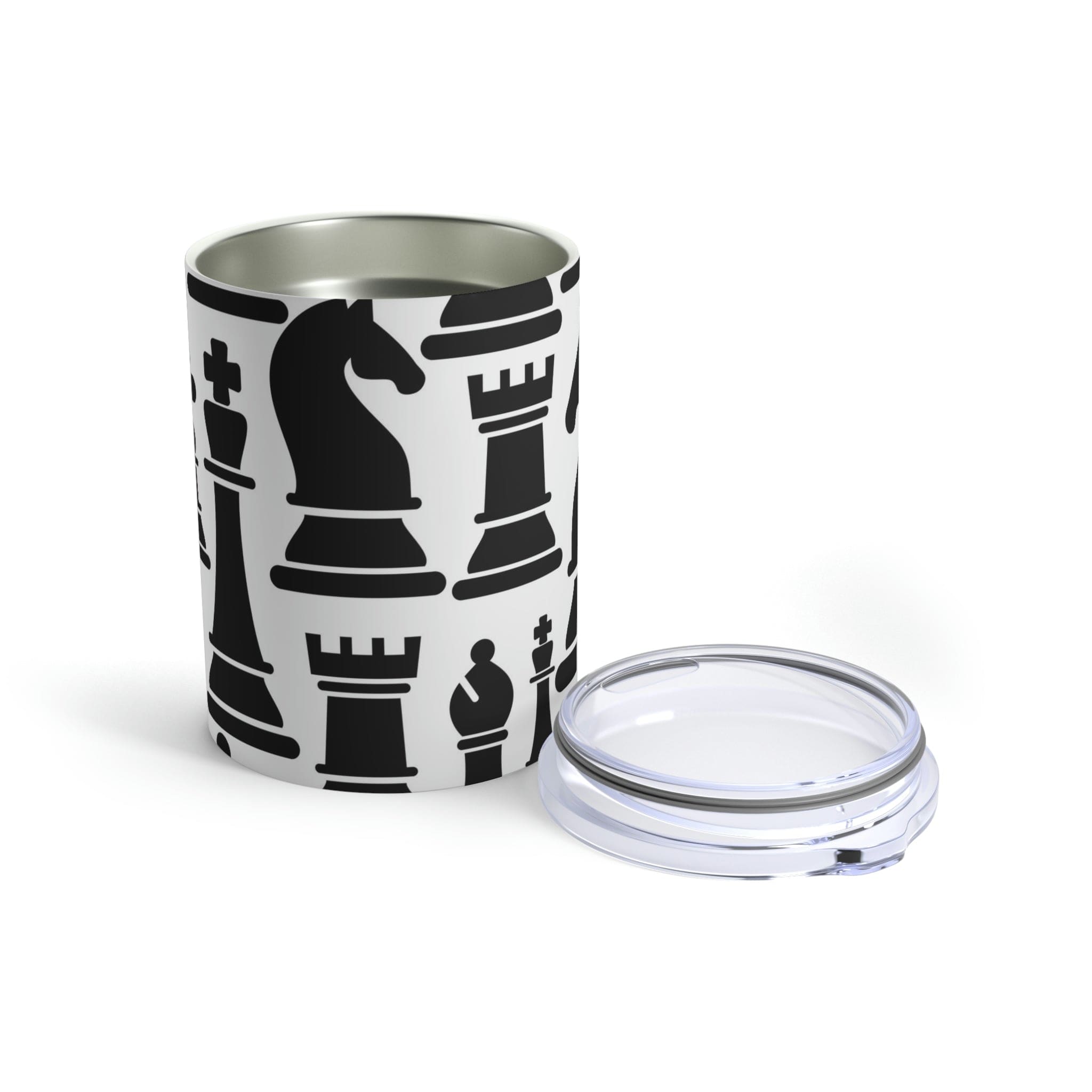 10oz insulated tumbler featuring a black and white chess print, made of stainless steel with a see-thru plastic lid.