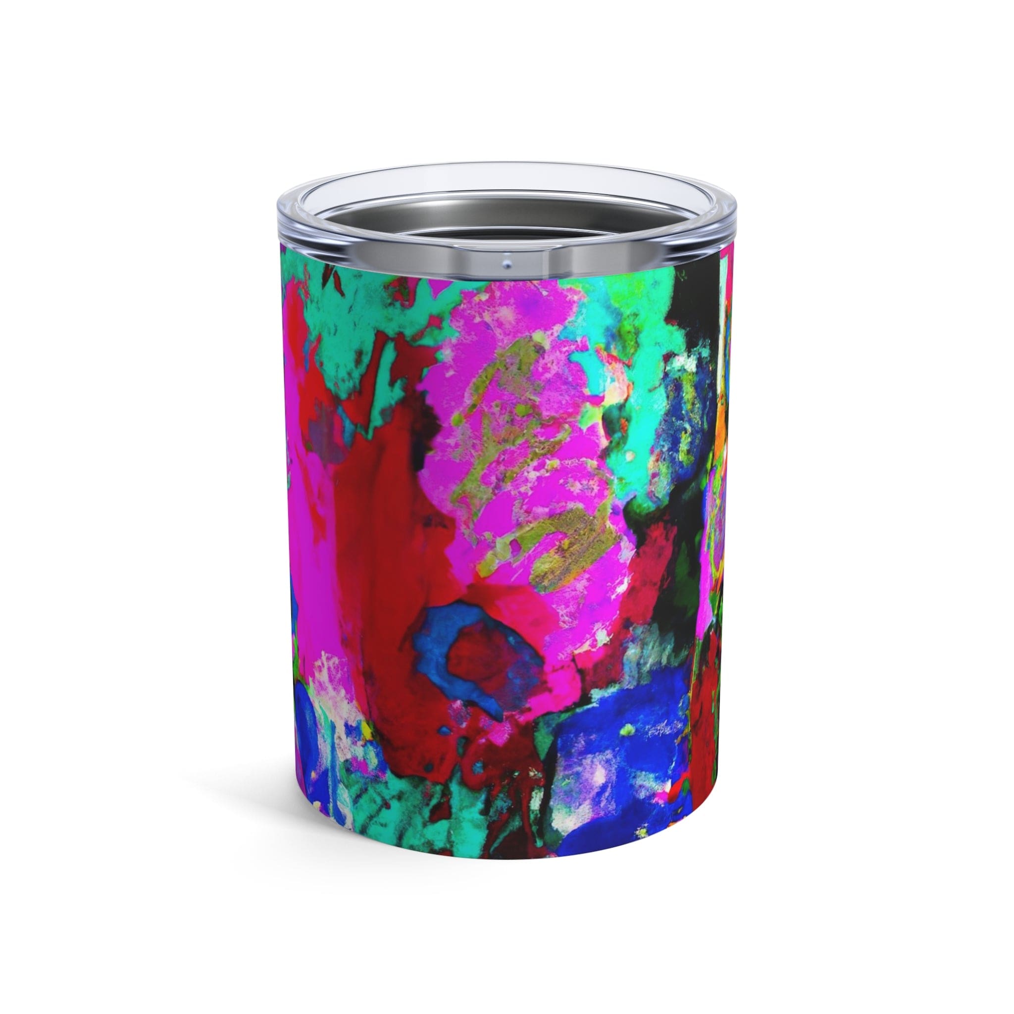 Insulated 10oz tumbler with multicolor abstract pattern and see-thru lid, perfect for stylish hydration.