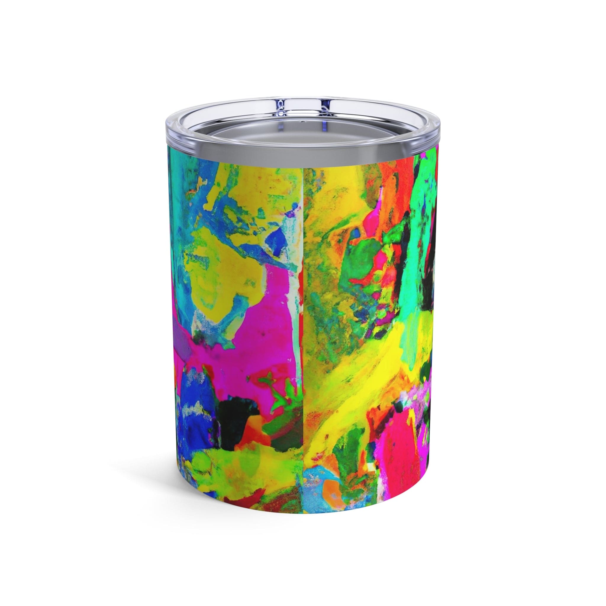 Insulated 10oz tumbler with multicolor abstract pattern and see-thru lid, perfect for stylish hydration.