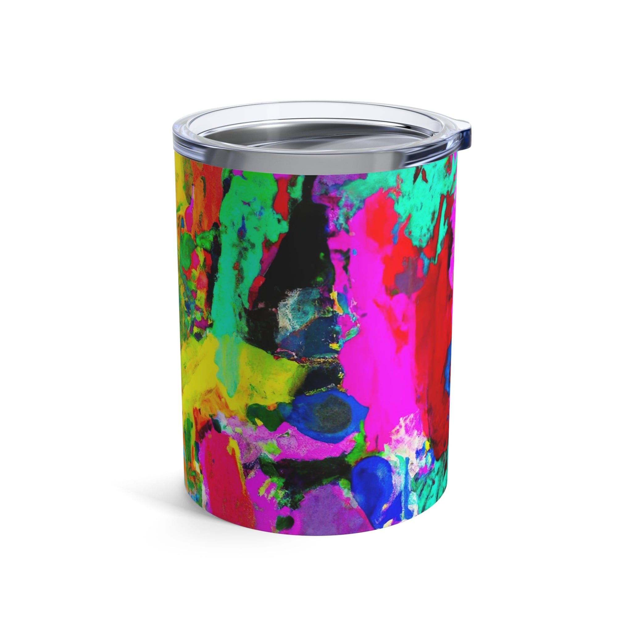 Insulated 10oz tumbler with multicolor abstract pattern and see-thru lid, perfect for stylish hydration.