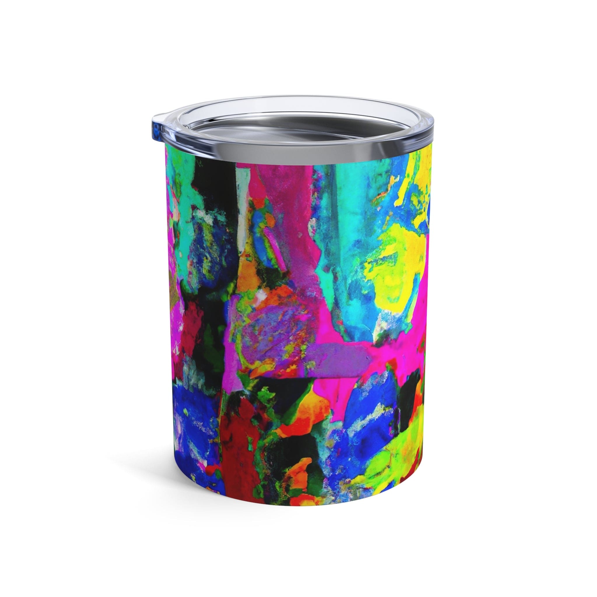 Insulated 10oz tumbler with multicolor abstract pattern and see-thru lid, perfect for stylish hydration.