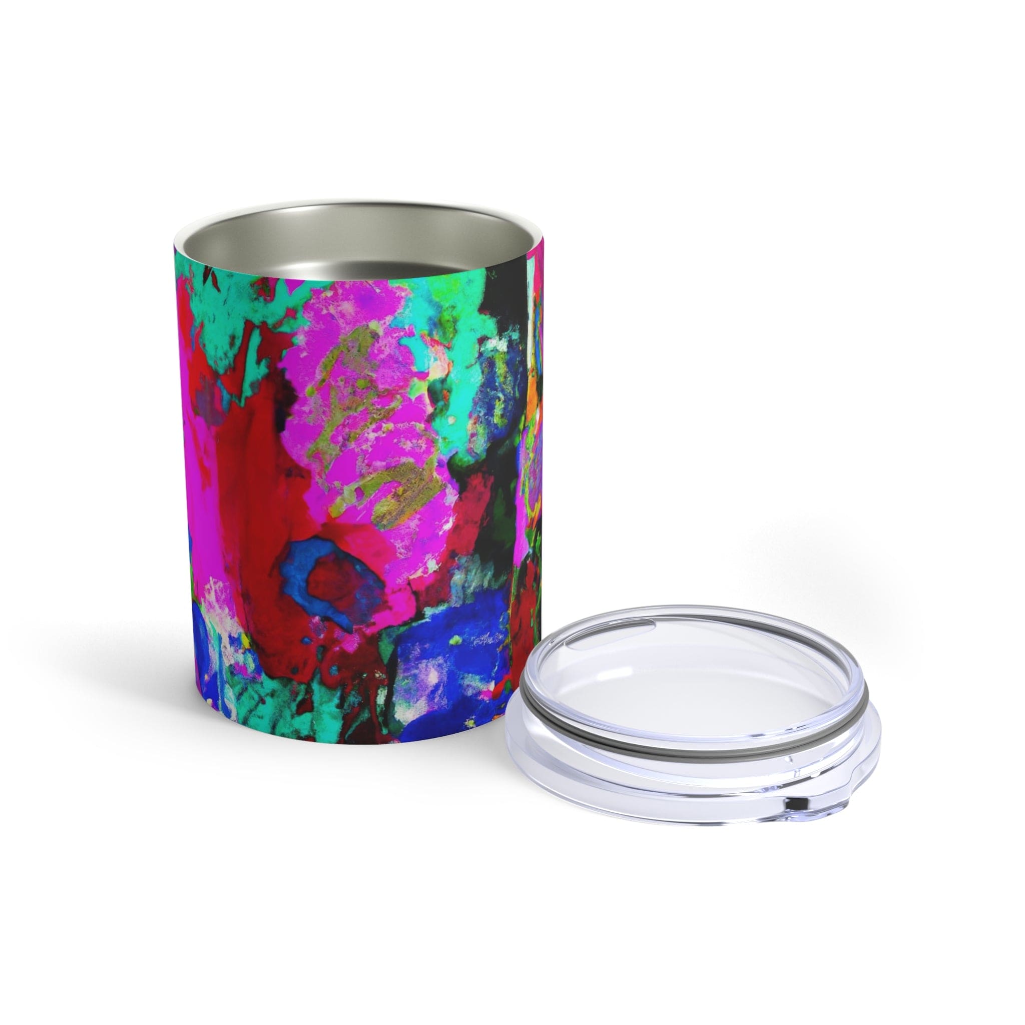 Insulated 10oz tumbler with multicolor abstract pattern and see-thru lid, perfect for stylish hydration.