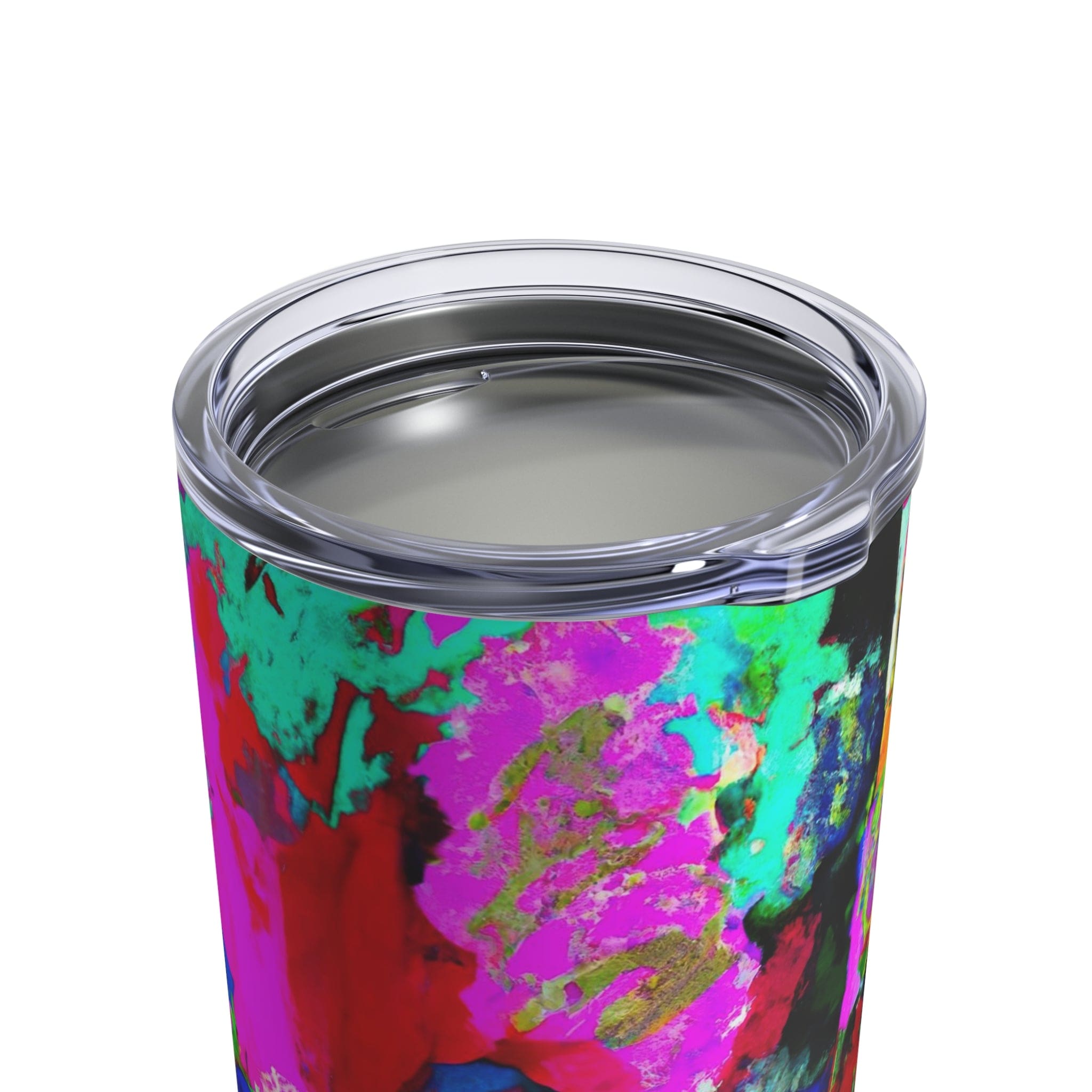 Insulated 10oz tumbler with multicolor abstract pattern and see-thru lid, perfect for stylish hydration.