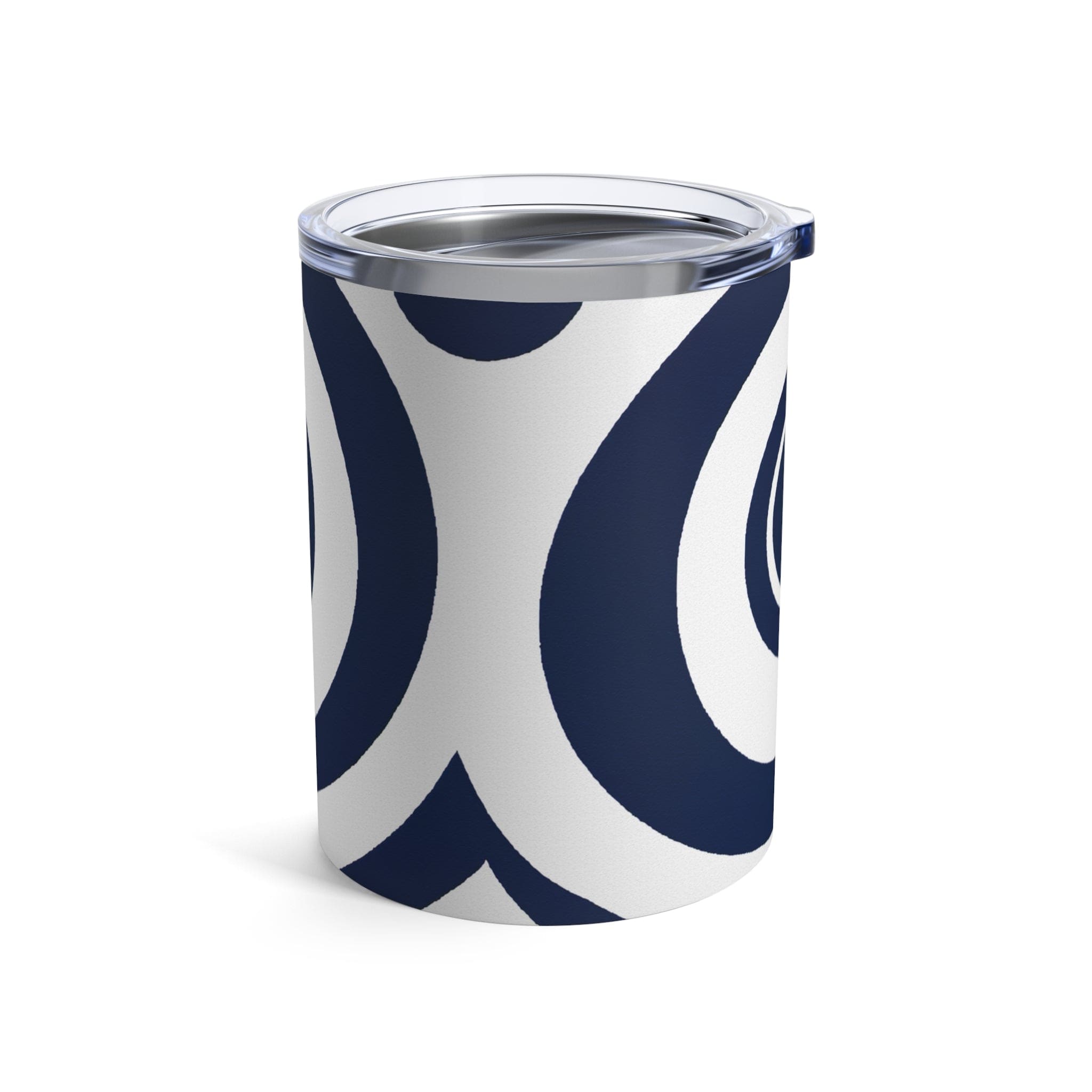 Insulated Tumbler 10oz in Navy Blue and White Circular Pattern, showcasing its stylish design and stainless steel construction.