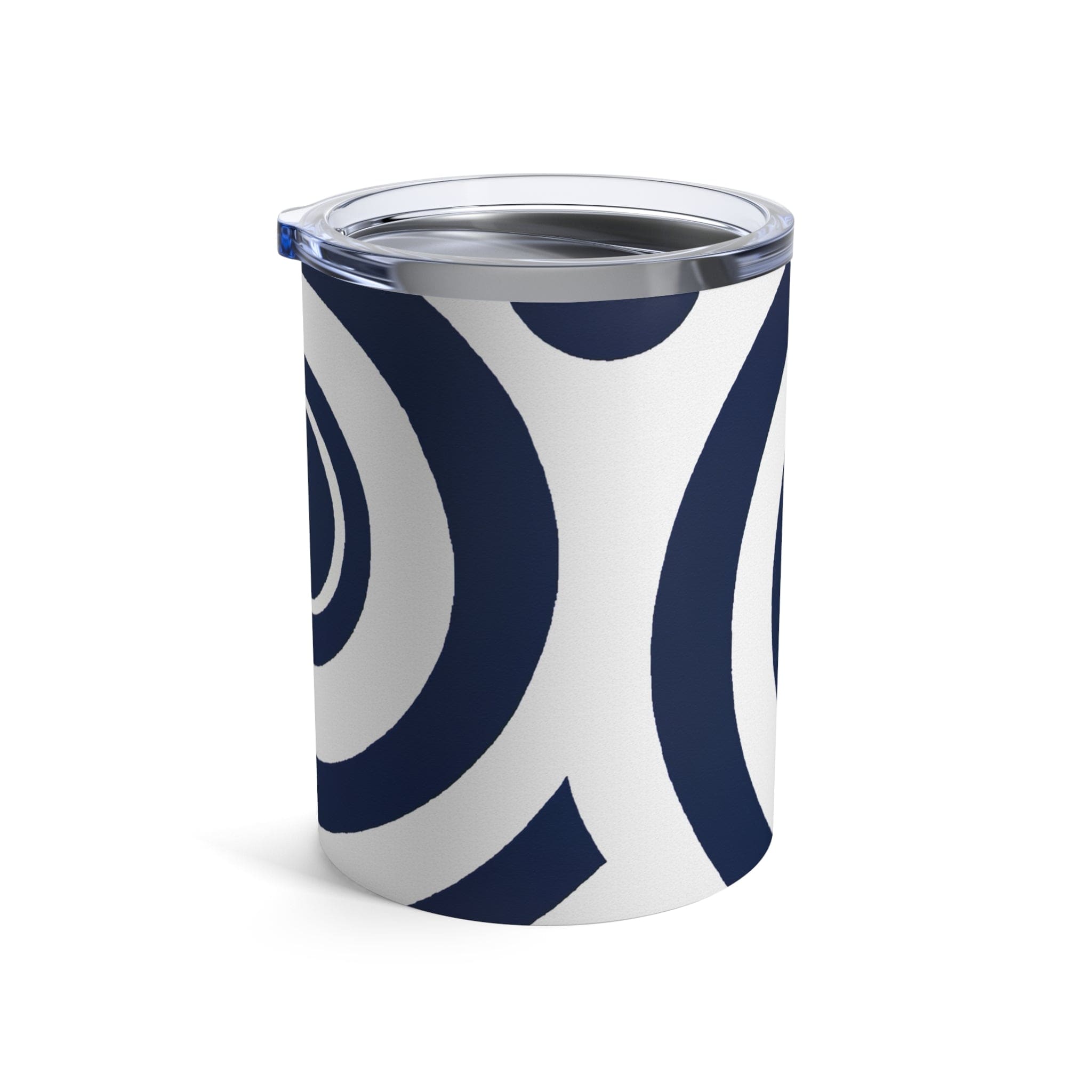 Insulated Tumbler 10oz in Navy Blue and White Circular Pattern, showcasing its stylish design and stainless steel construction.