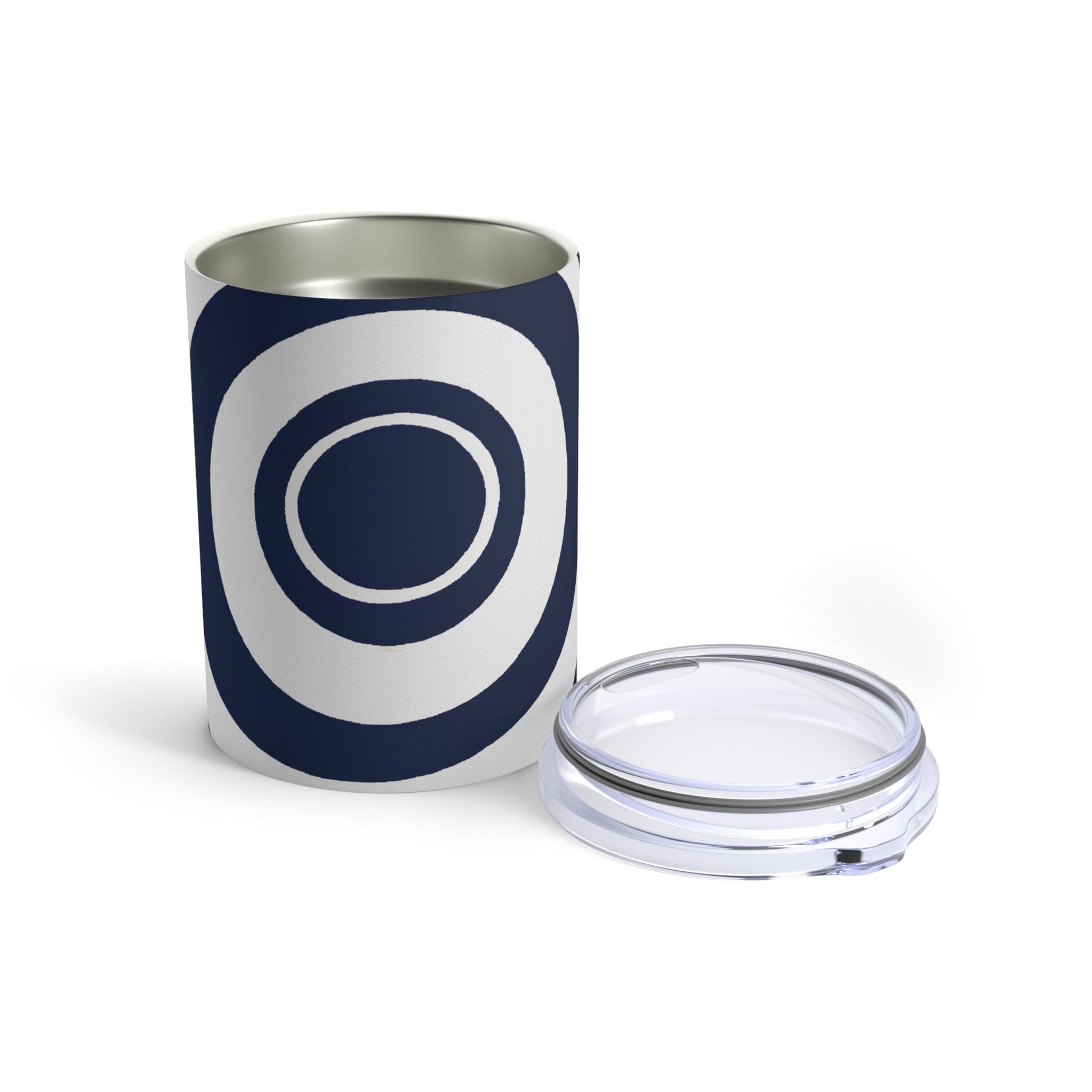 Insulated Tumbler 10oz in Navy Blue and White Circular Pattern, showcasing its stylish design and stainless steel construction.