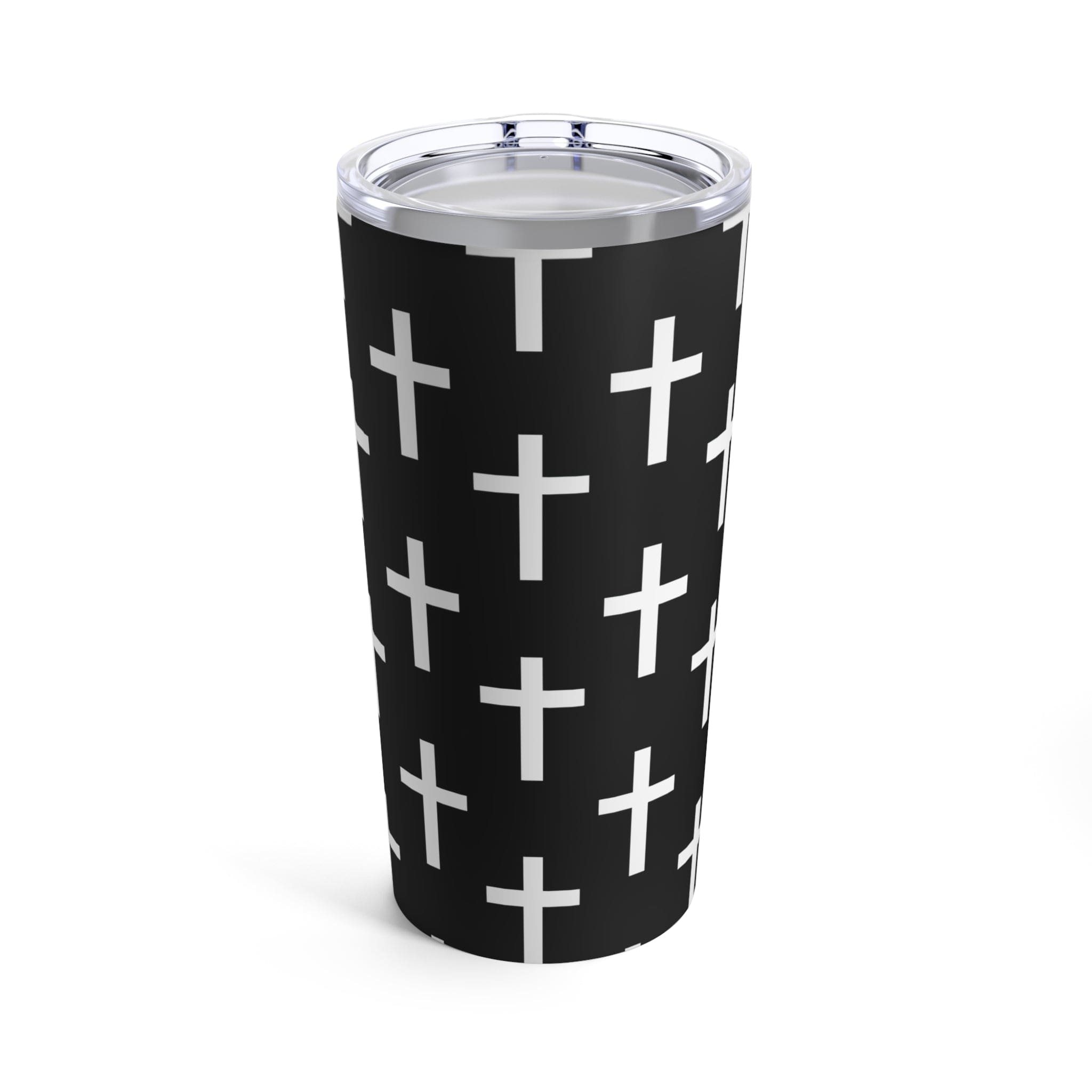 Insulated 20oz tumbler featuring a black and white seamless cross pattern, made of stainless steel with a see-thru plastic lid.