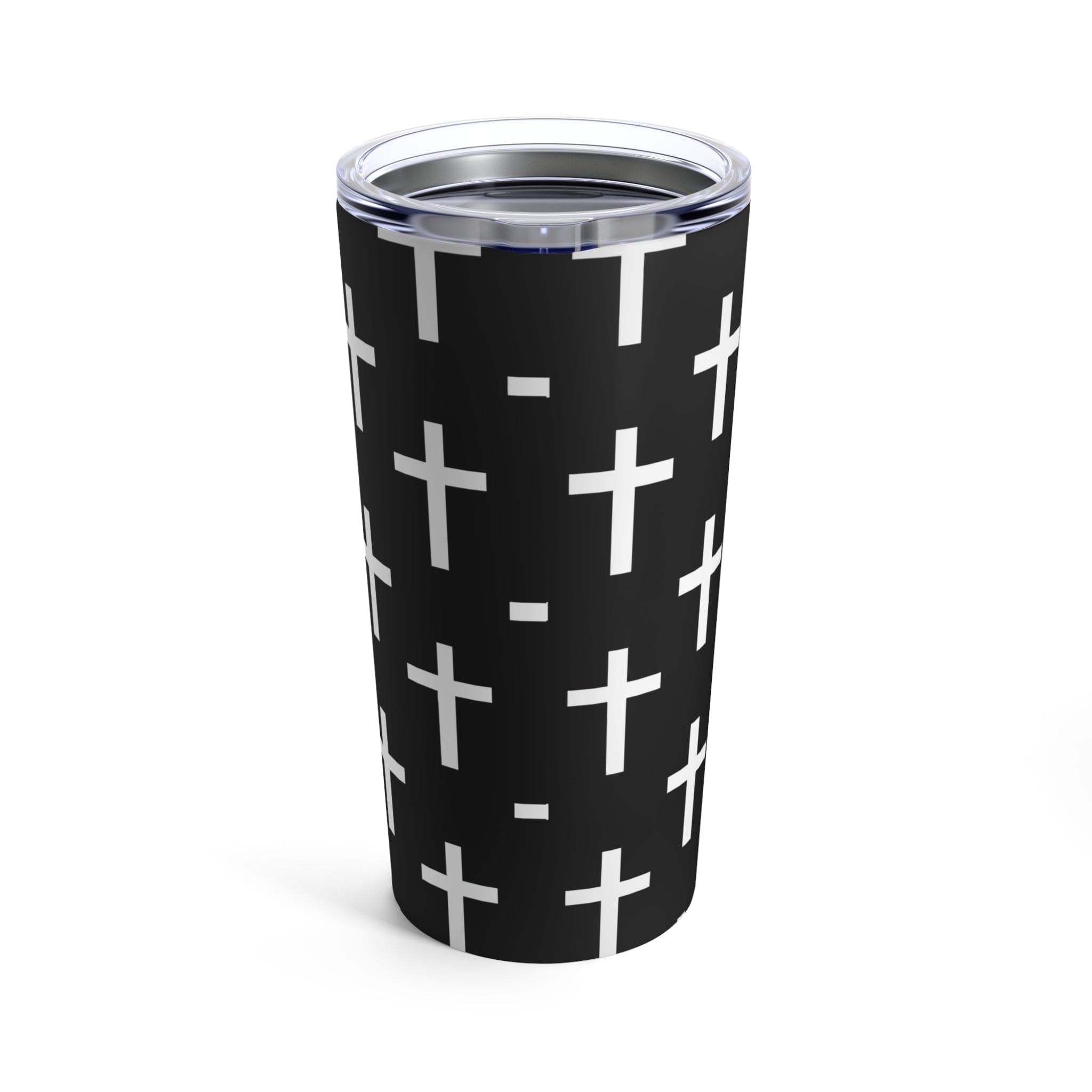 Insulated 20oz tumbler featuring a black and white seamless cross pattern, made of stainless steel with a see-thru plastic lid.