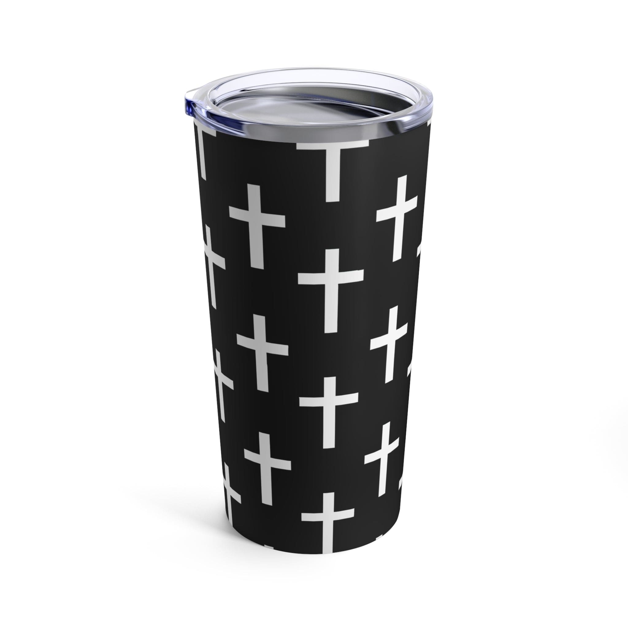 Insulated 20oz tumbler featuring a black and white seamless cross pattern, made of stainless steel with a see-thru plastic lid.