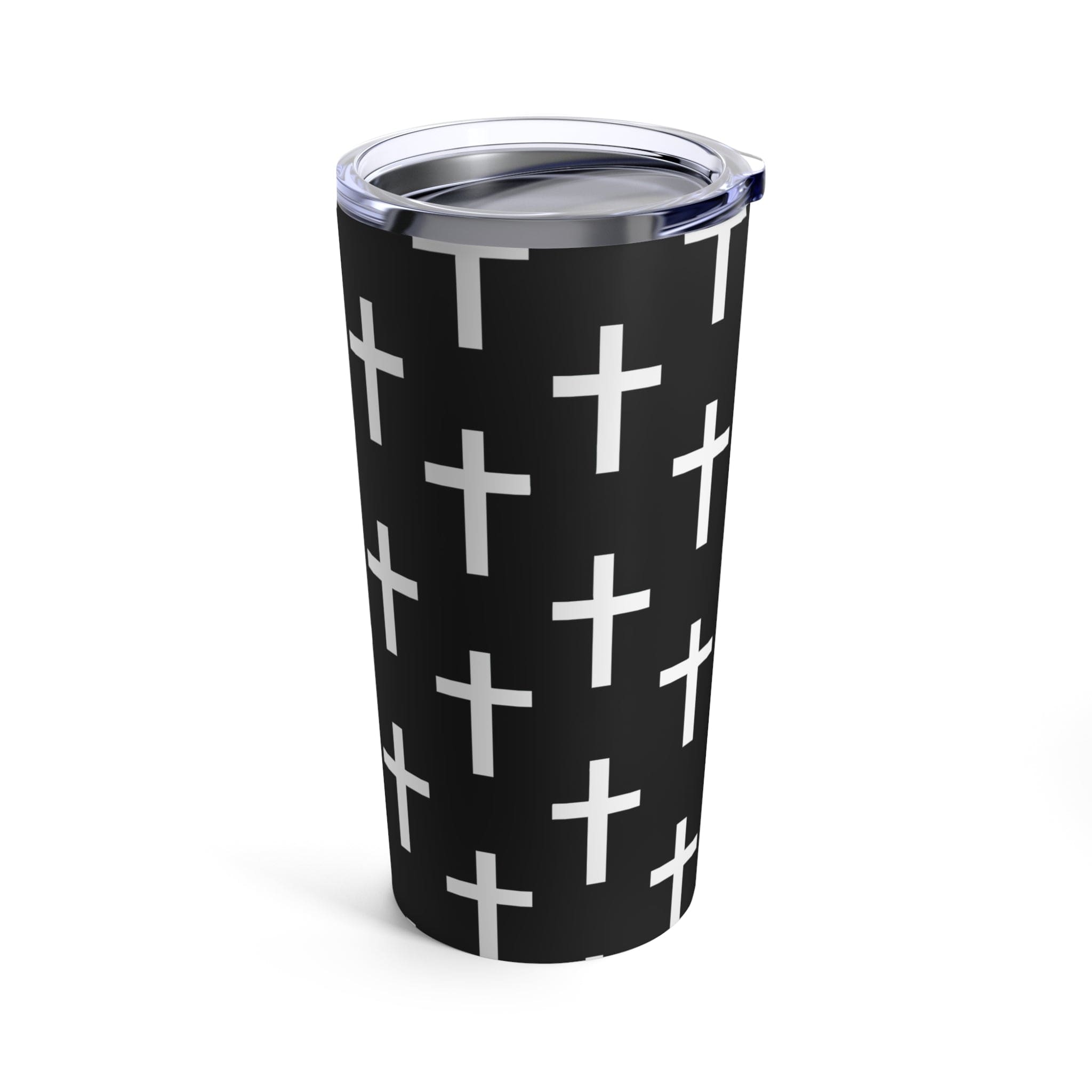 Insulated 20oz tumbler featuring a black and white seamless cross pattern, made of stainless steel with a see-thru plastic lid.