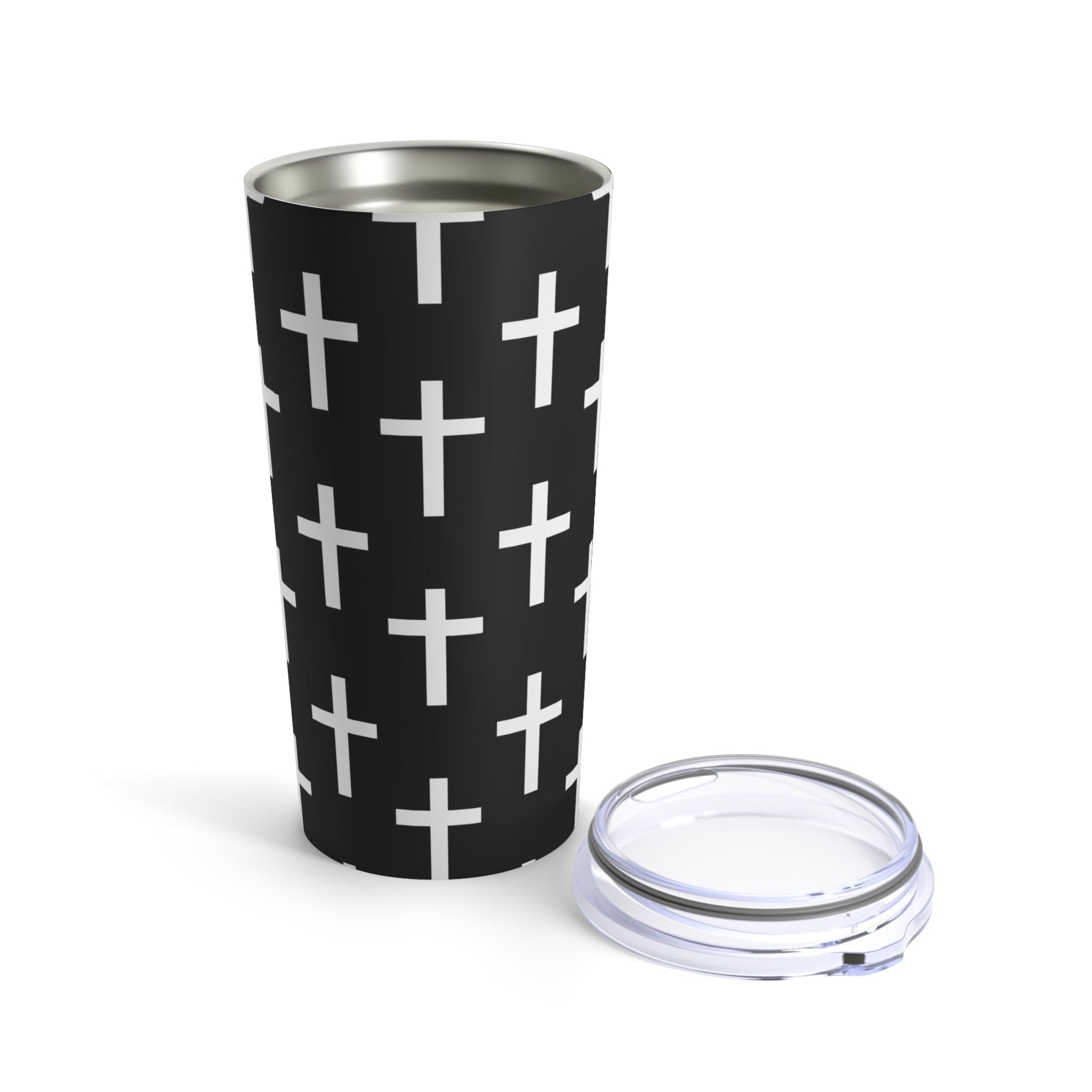 Insulated 20oz tumbler featuring a black and white seamless cross pattern, made of stainless steel with a see-thru plastic lid.