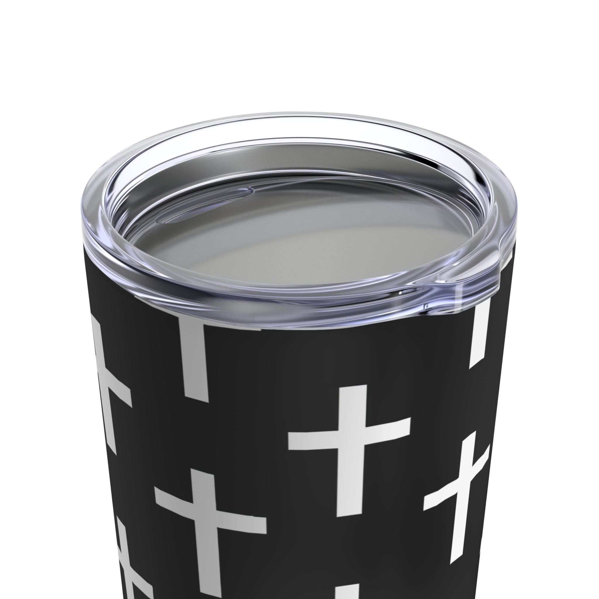 Insulated 20oz tumbler featuring a black and white seamless cross pattern, made of stainless steel with a see-thru plastic lid.