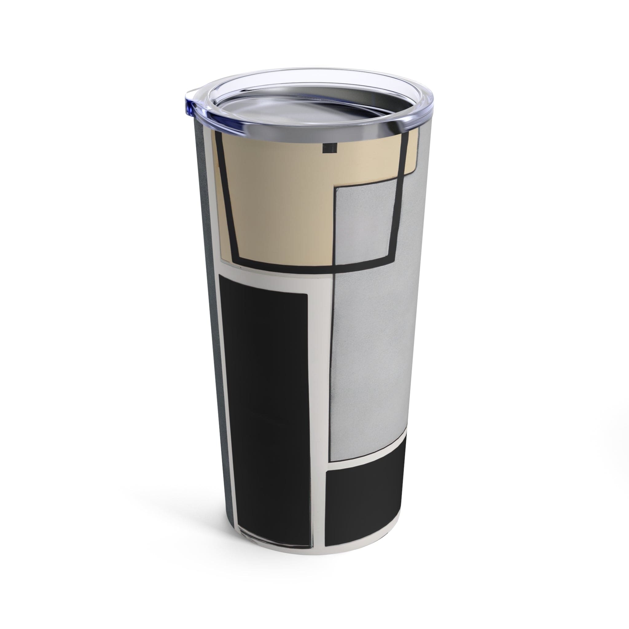 Insulated 20oz tumbler in black and grey abstract pattern with a see-thru lid, showcasing its sleek design and stainless steel finish.