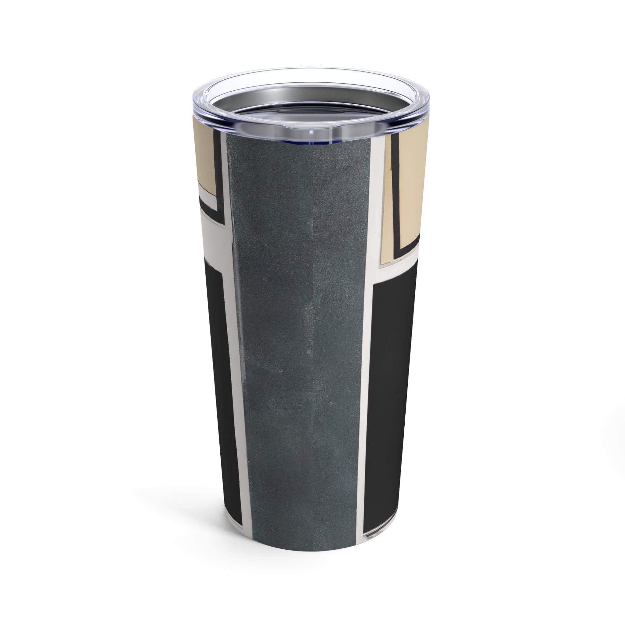 Insulated 20oz tumbler in black and grey abstract pattern with a see-thru lid, showcasing its sleek design and stainless steel finish.