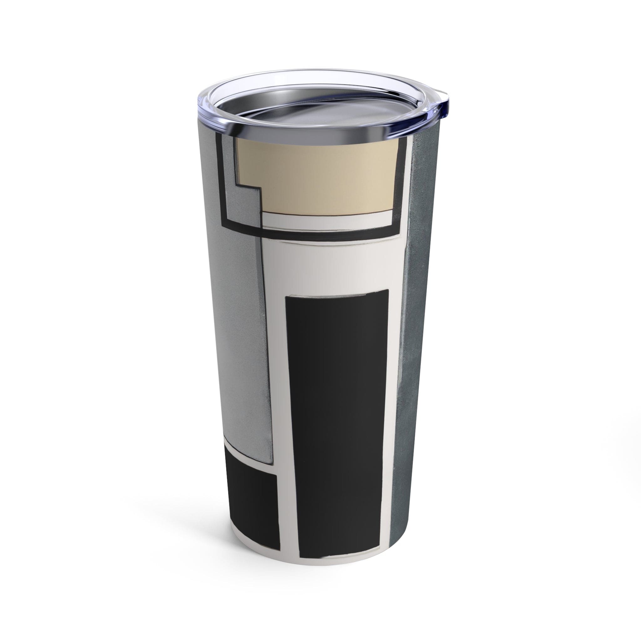 Insulated 20oz tumbler in black and grey abstract pattern with a see-thru lid, showcasing its sleek design and stainless steel finish.