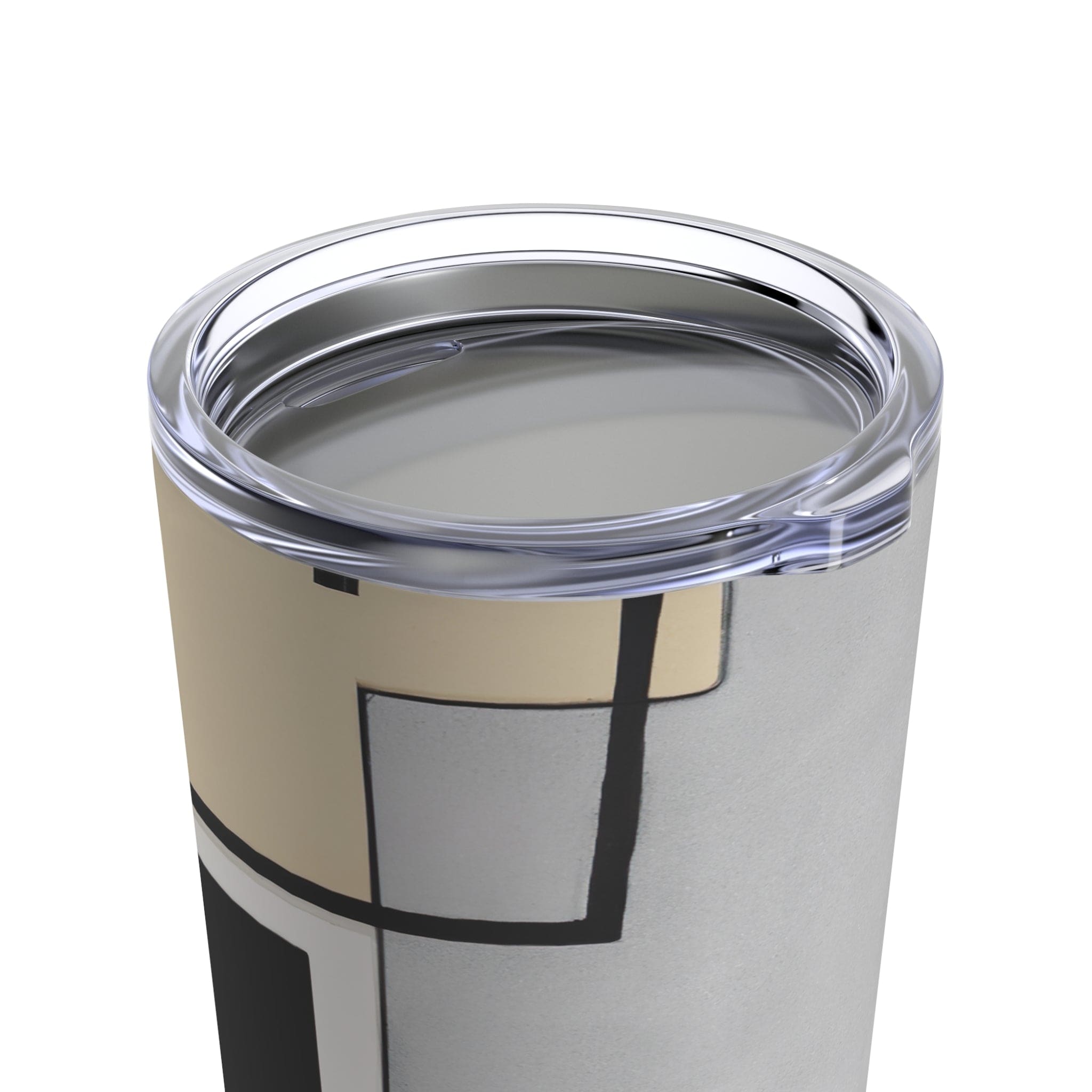 Insulated 20oz tumbler in black and grey abstract pattern with a see-thru lid, showcasing its sleek design and stainless steel finish.