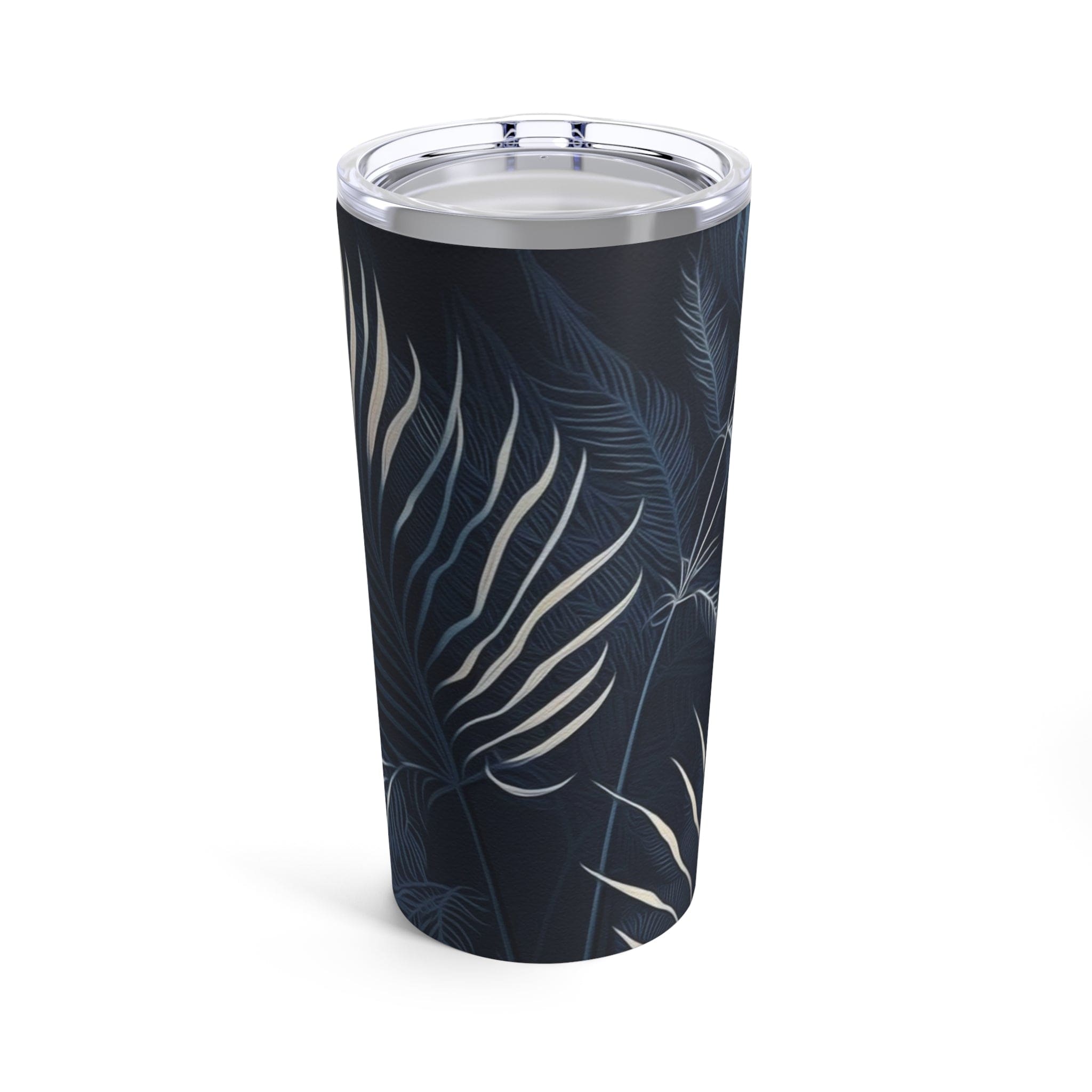 Insulated 20oz tumbler featuring a blue and white palm leaves design, perfect for travel and outdoor use.