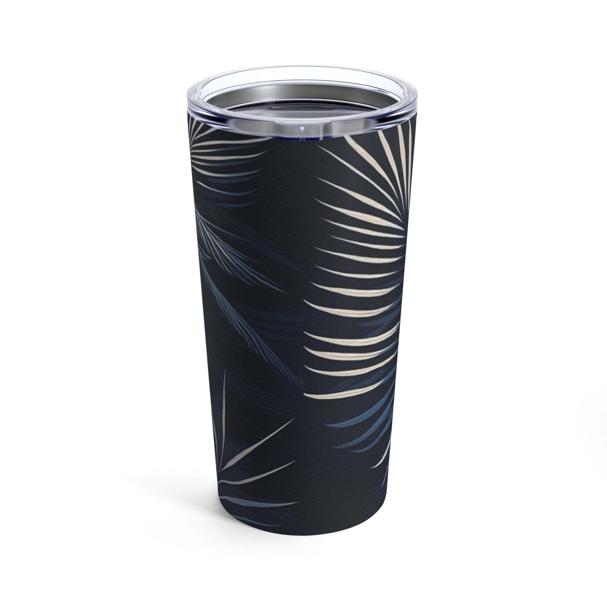 Insulated 20oz tumbler featuring a blue and white palm leaves design, perfect for travel and outdoor use.