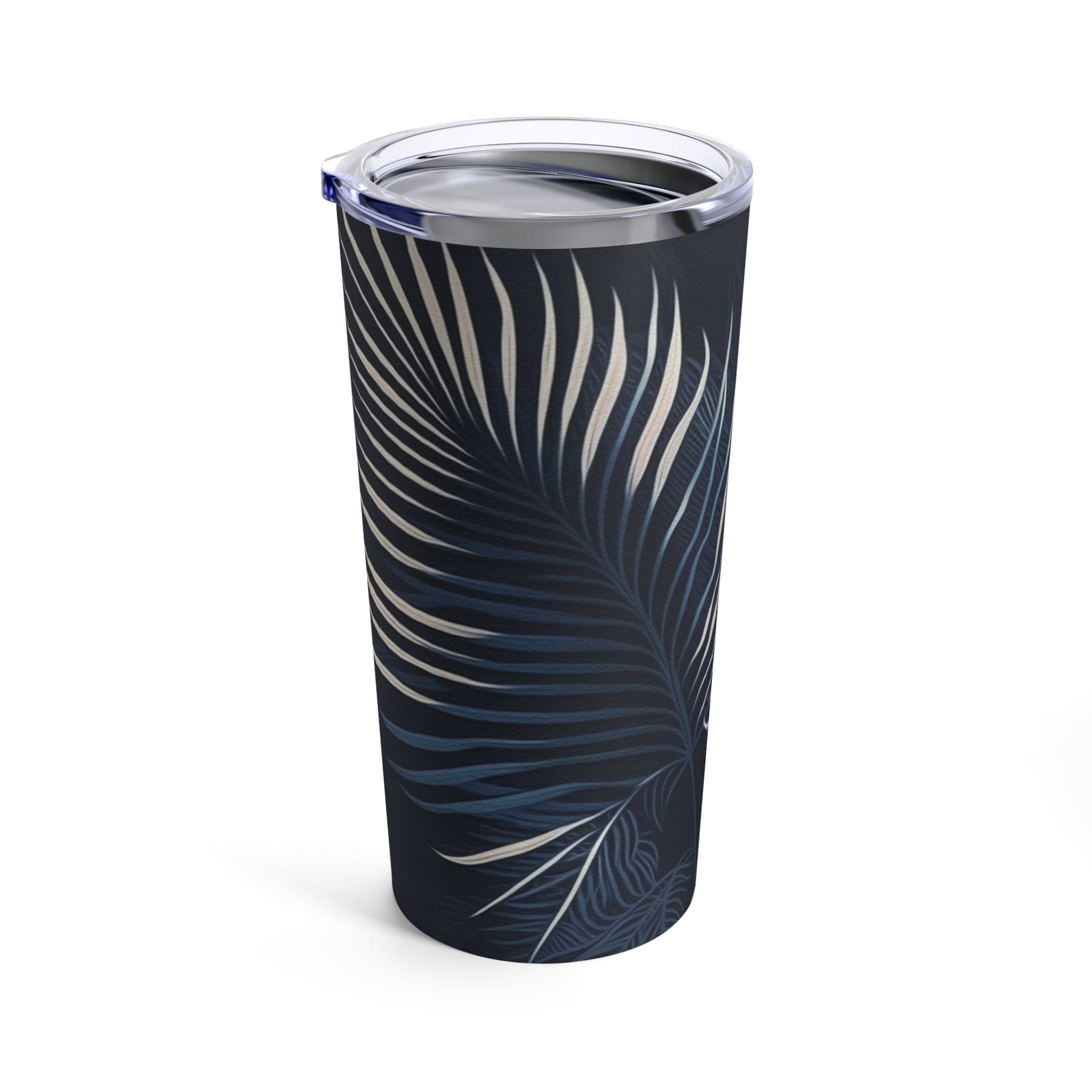 Insulated 20oz tumbler featuring a blue and white palm leaves design, perfect for travel and outdoor use.