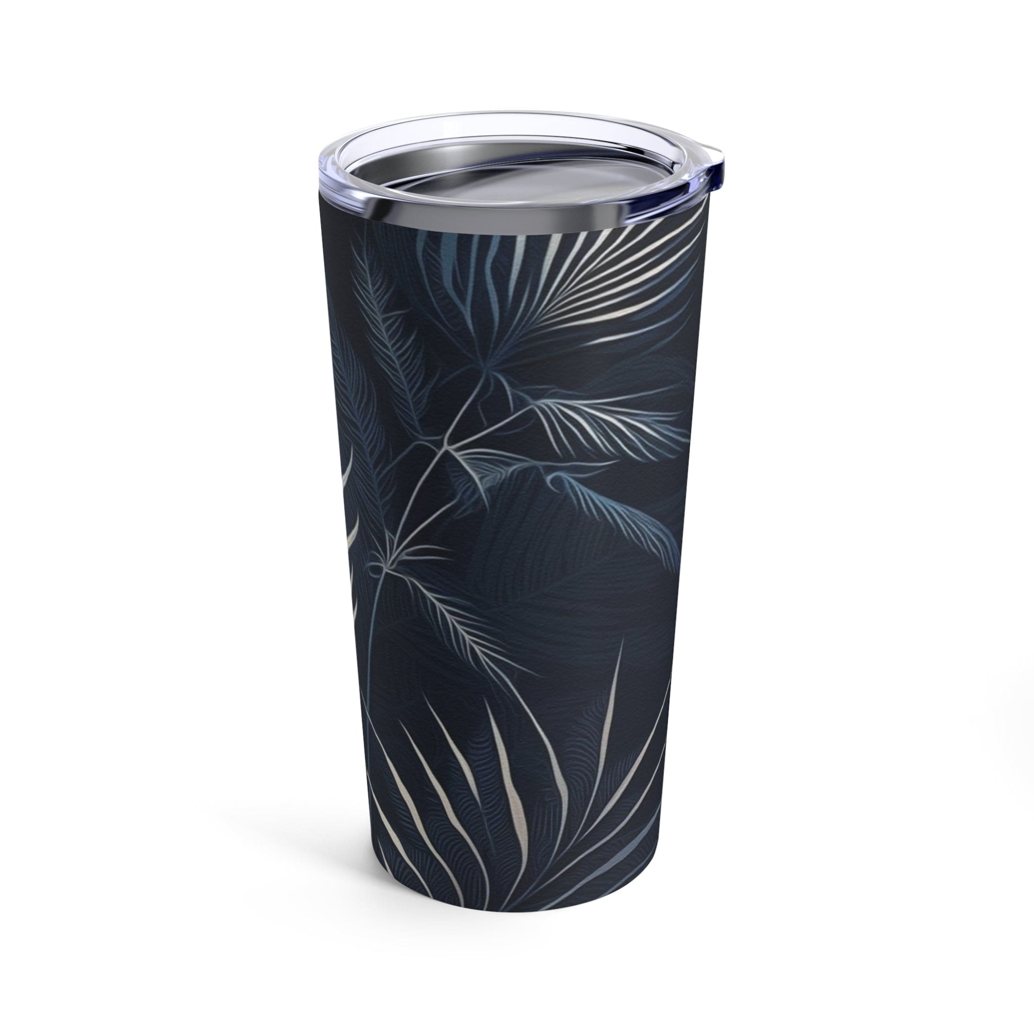 Insulated 20oz tumbler featuring a blue and white palm leaves design, perfect for travel and outdoor use.