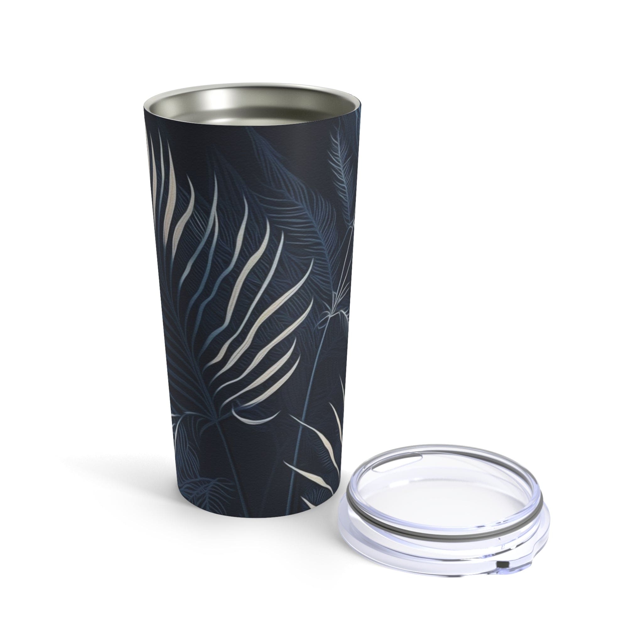 Insulated 20oz tumbler featuring a blue and white palm leaves design, perfect for travel and outdoor use.