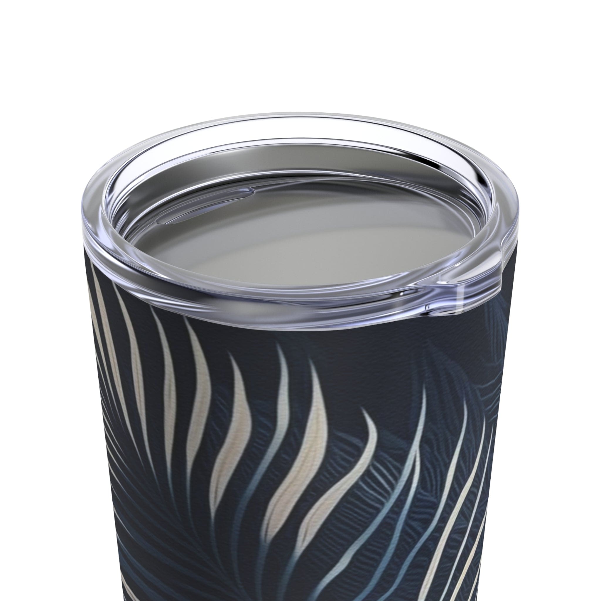 Insulated 20oz tumbler featuring a blue and white palm leaves design, perfect for travel and outdoor use.