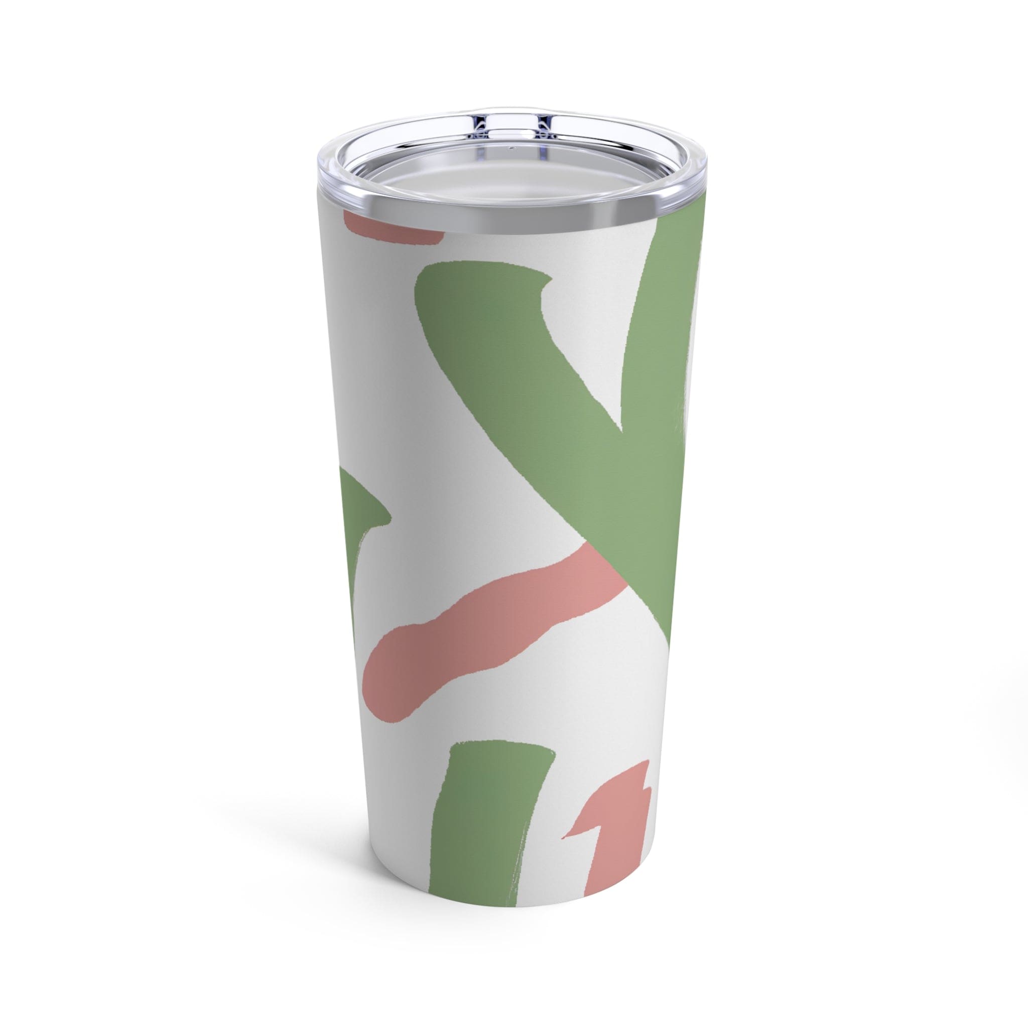 20oz insulated tumbler in green mauve abstract brush stroke pattern, stainless steel with a see-thru plastic lid.