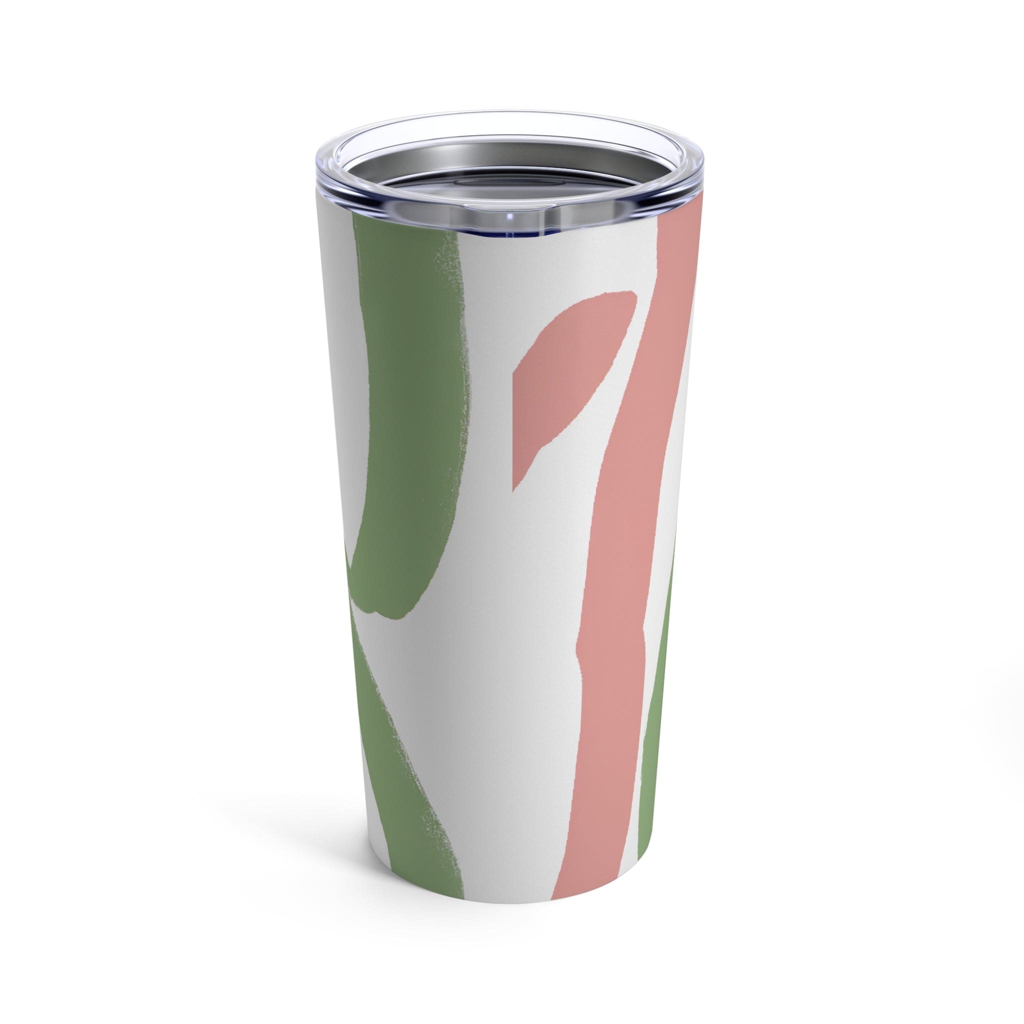 20oz insulated tumbler in green mauve abstract brush stroke pattern, stainless steel with a see-thru plastic lid.