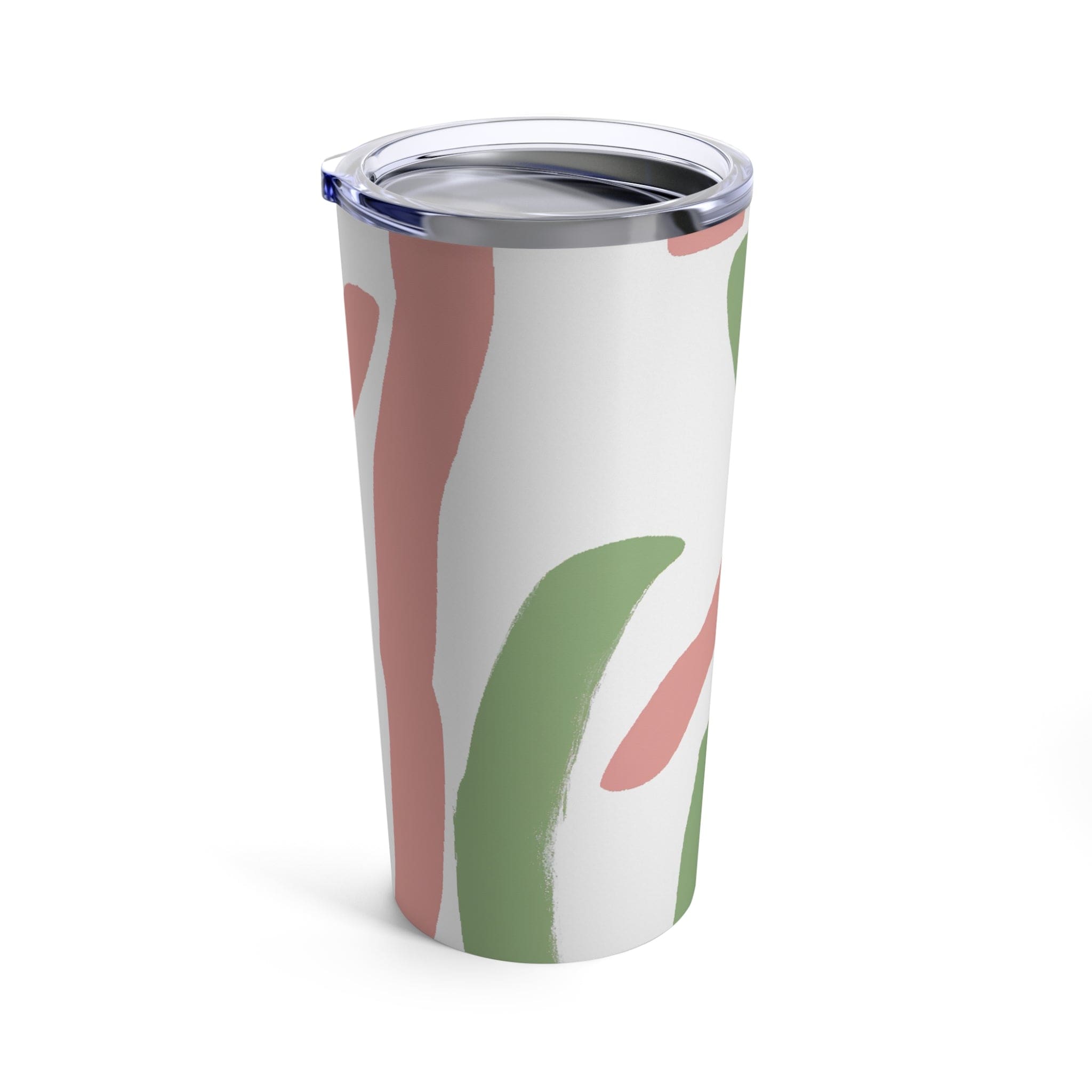 20oz insulated tumbler in green mauve abstract brush stroke pattern, stainless steel with a see-thru plastic lid.