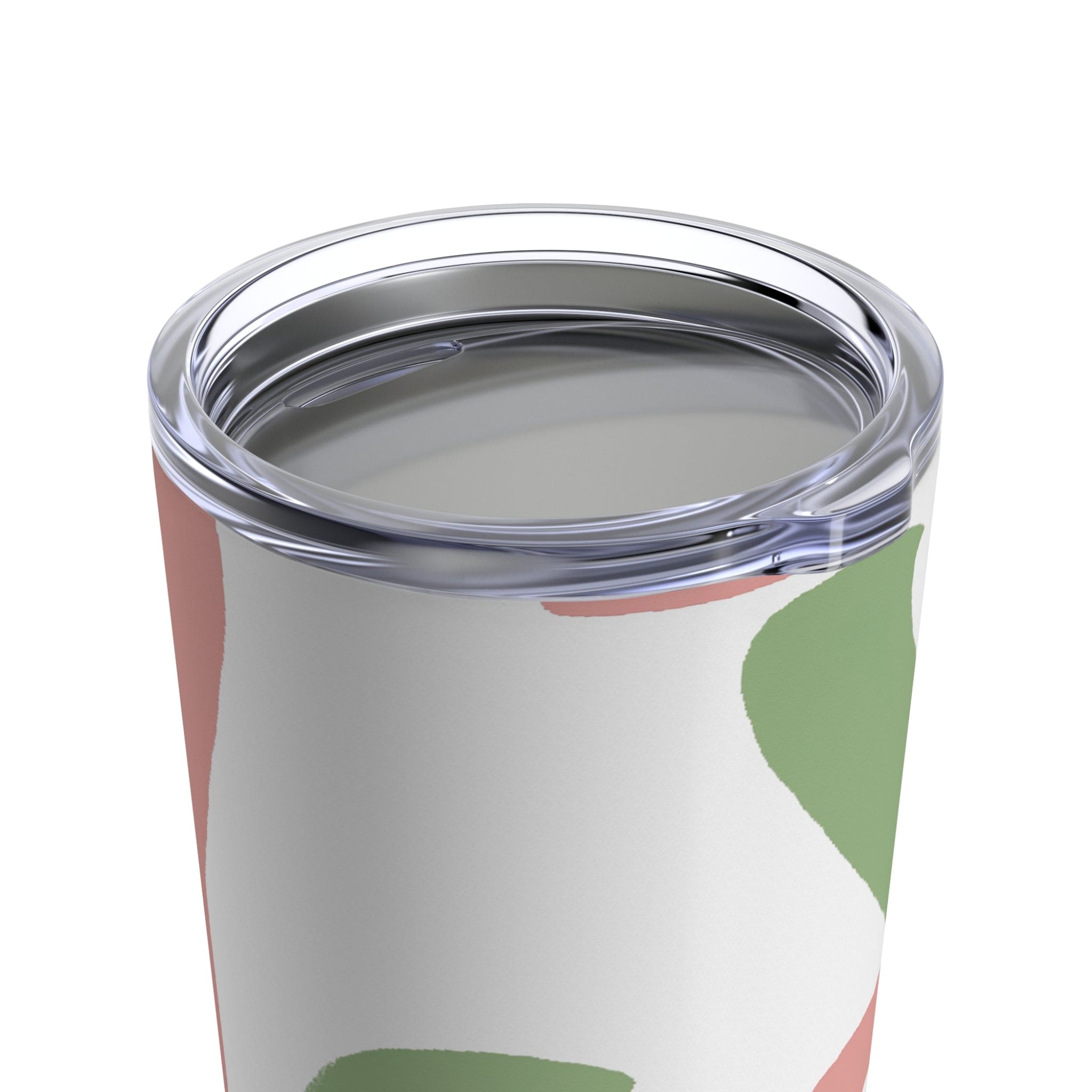 20oz insulated tumbler in green mauve abstract brush stroke pattern, stainless steel with a see-thru plastic lid.