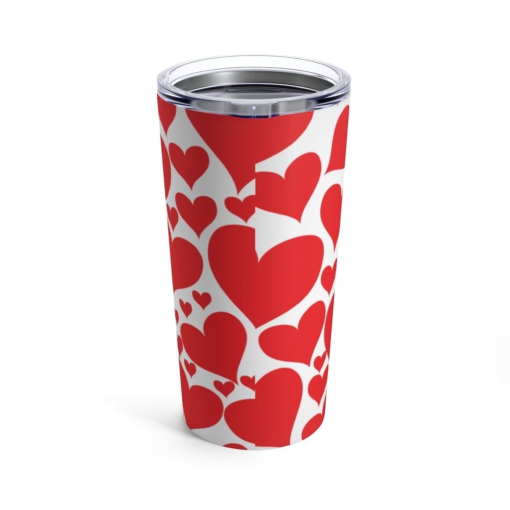 20oz insulated tumbler with love red hearts design, stainless steel body and see-thru plastic lid.