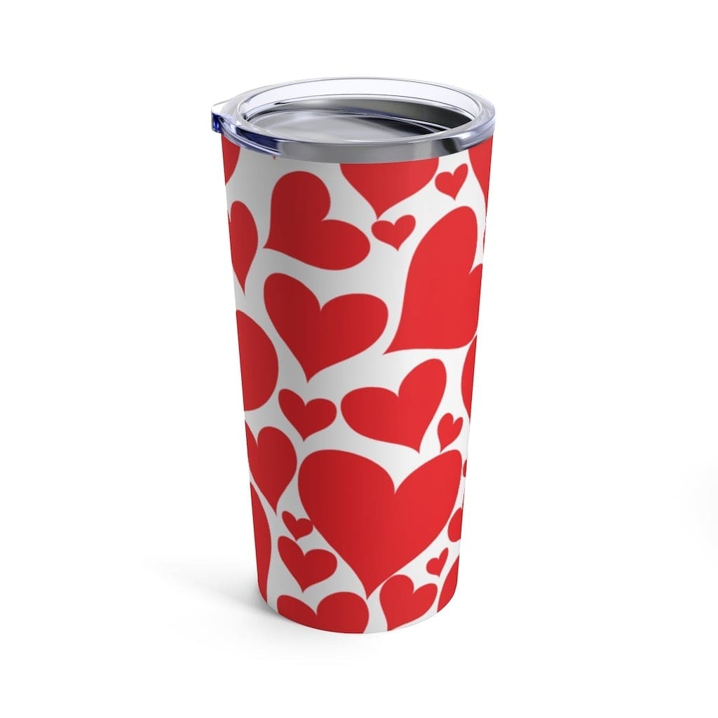 20oz insulated tumbler with love red hearts design, stainless steel body and see-thru plastic lid.