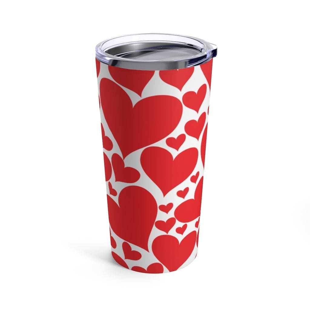 20oz insulated tumbler with love red hearts design, stainless steel body and see-thru plastic lid.