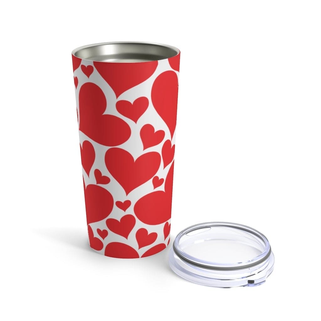 20oz insulated tumbler with love red hearts design, stainless steel body and see-thru plastic lid.