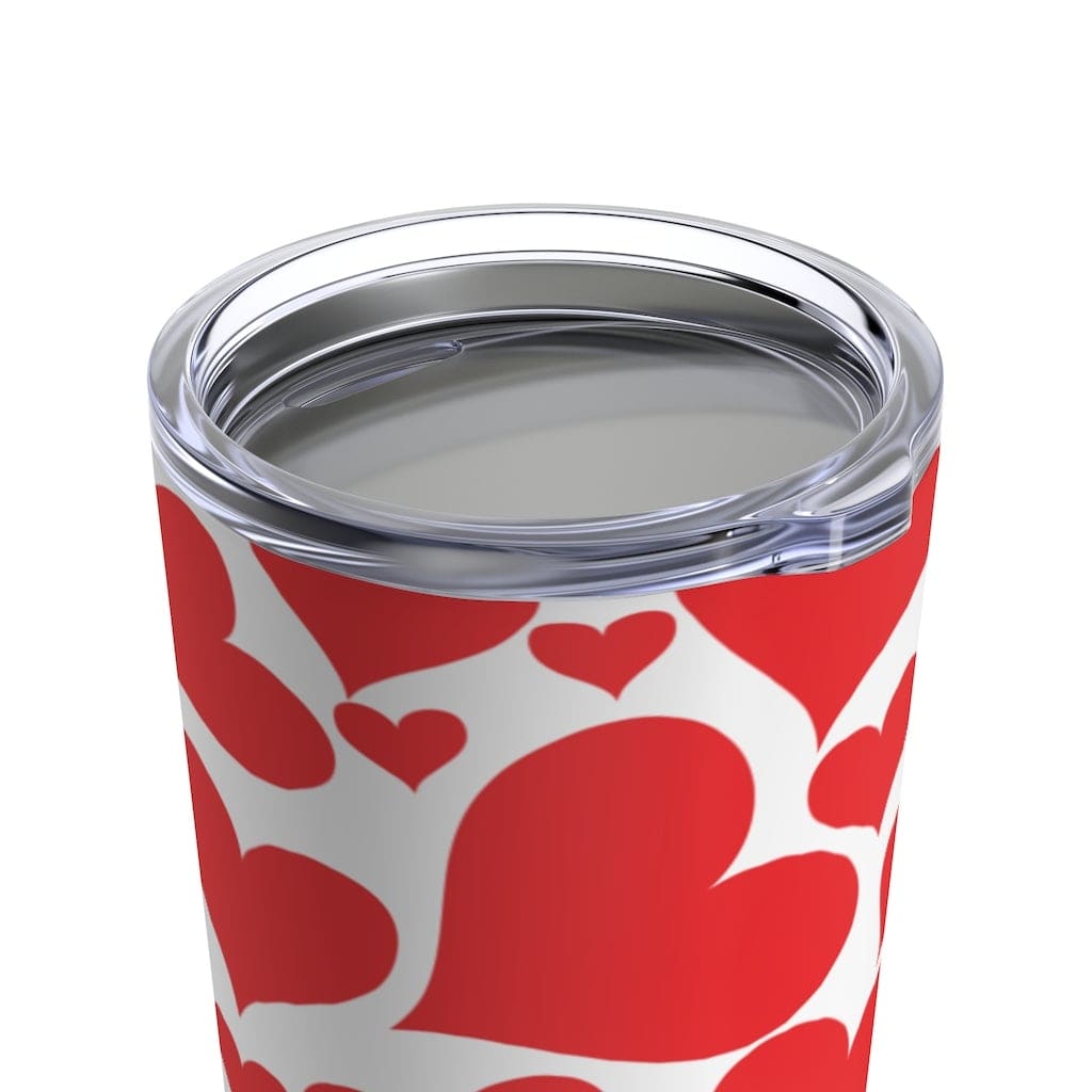 20oz insulated tumbler with love red hearts design, stainless steel body and see-thru plastic lid.