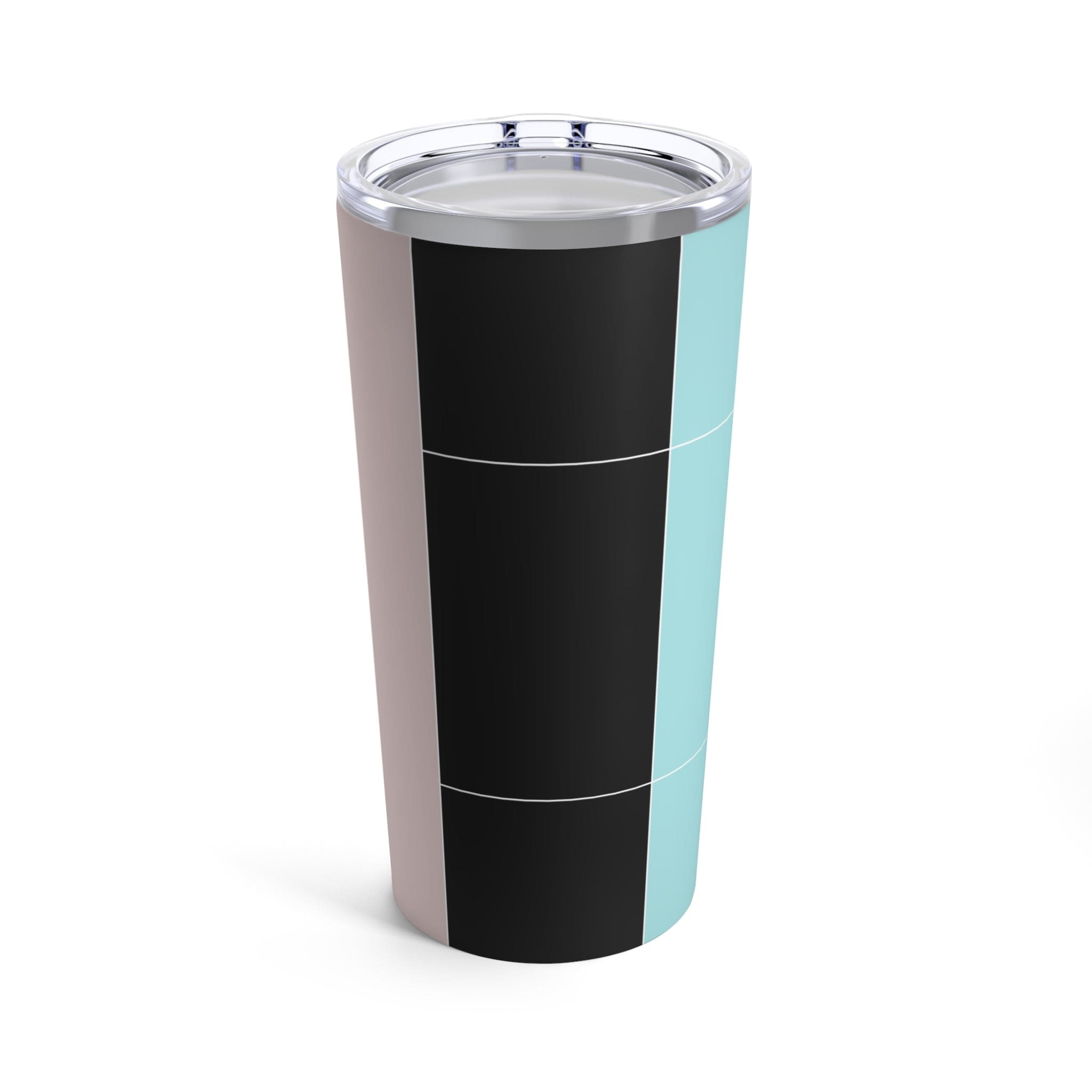 Insulated 20oz tumbler in pastel colorblock design featuring pink, black, and blue colors with a see-thru lid.