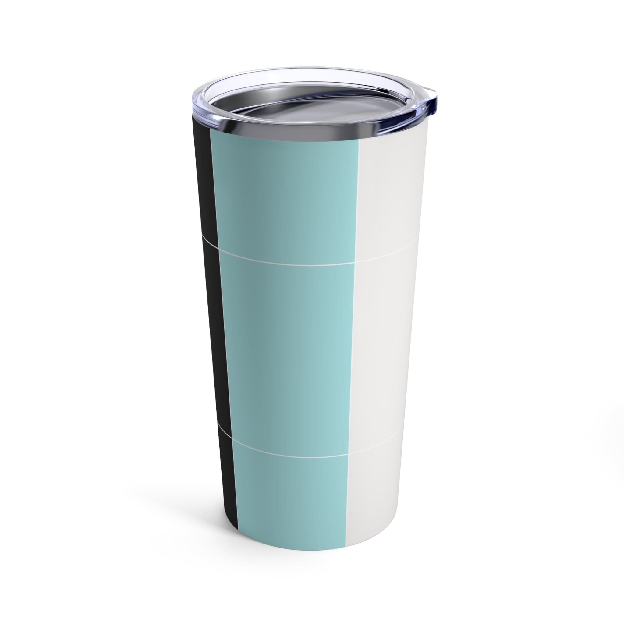 Insulated 20oz tumbler in pastel colorblock design featuring pink, black, and blue colors with a see-thru lid.