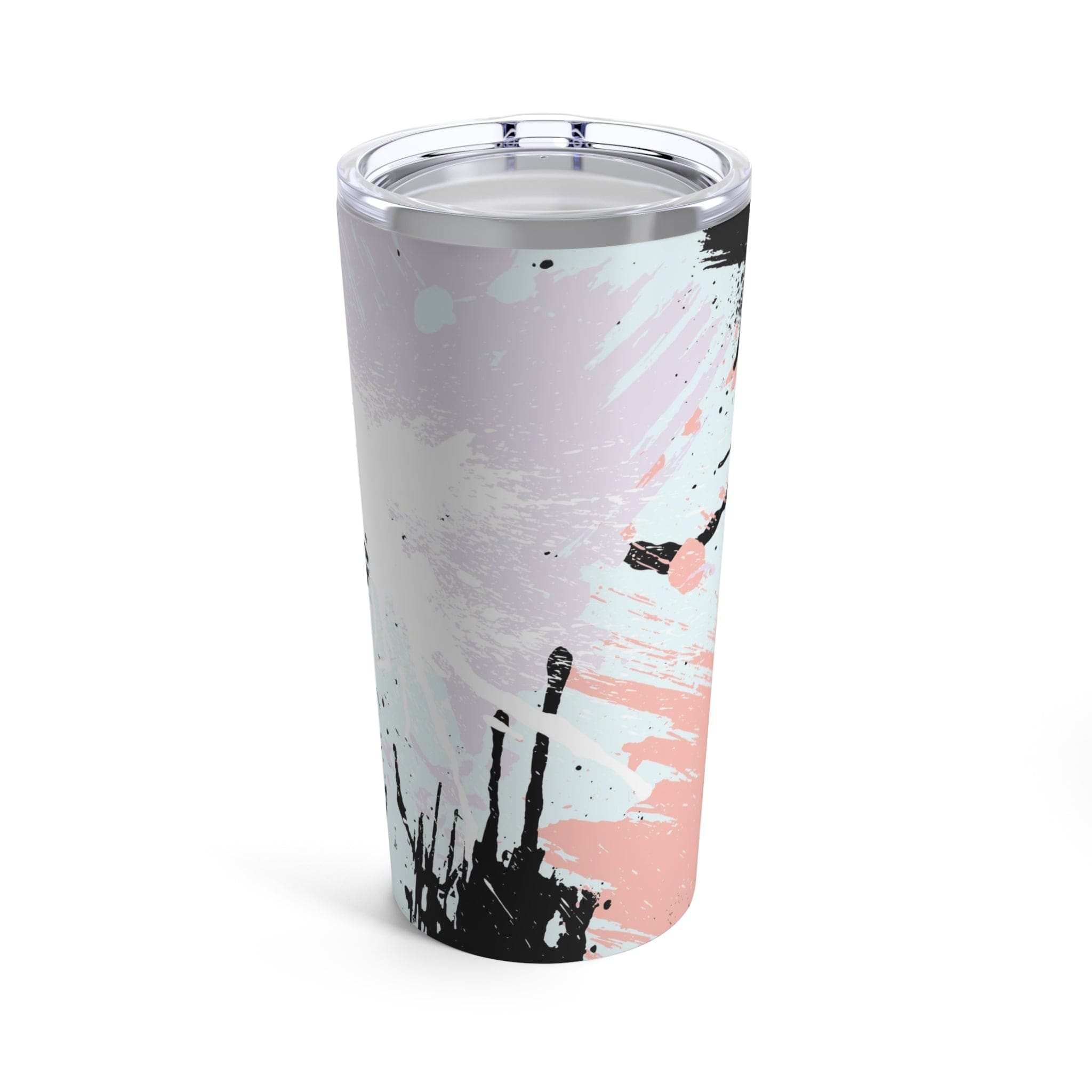 20oz insulated tumbler featuring a pink and black abstract pattern, made of stainless steel with a see-thru plastic lid.