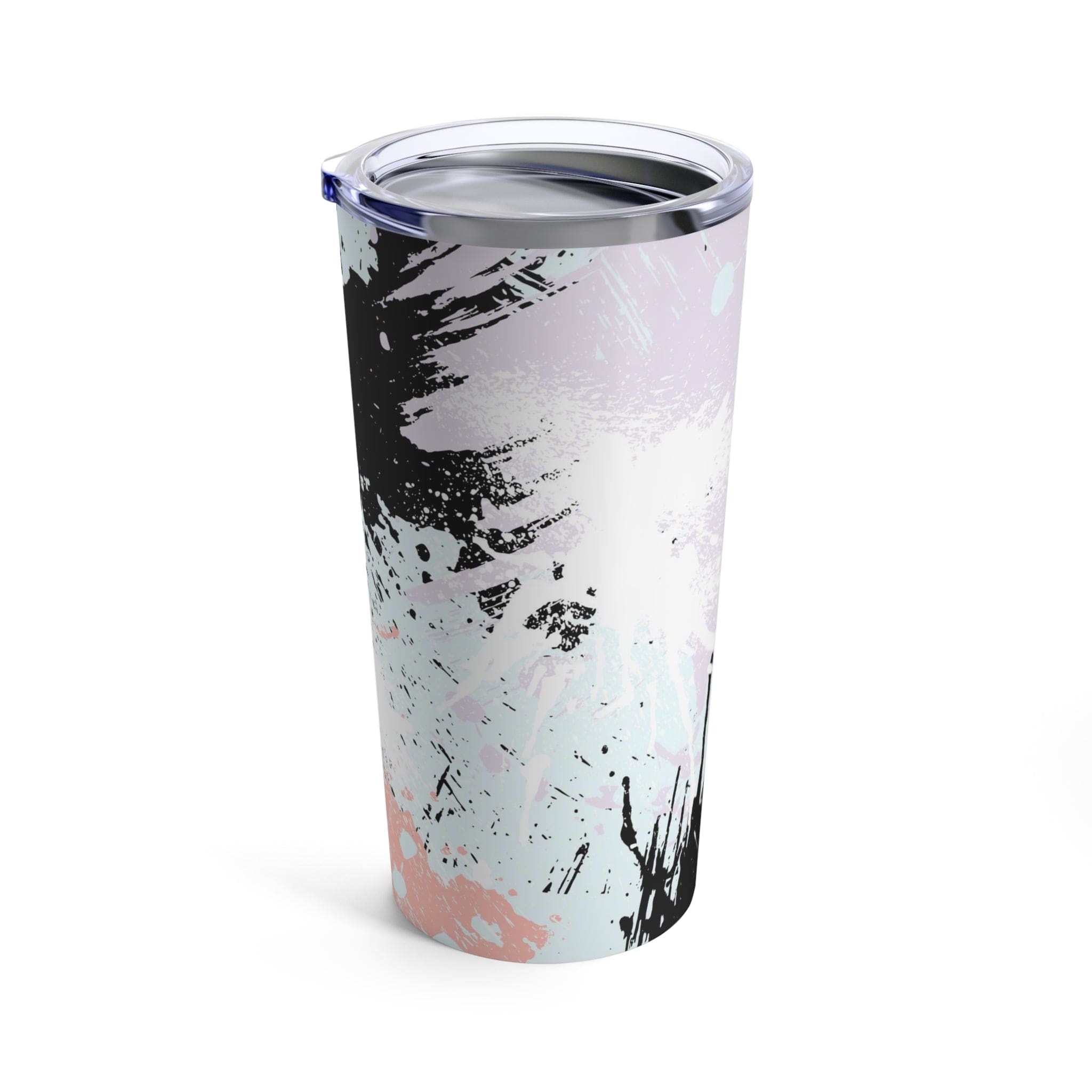 20oz insulated tumbler featuring a pink and black abstract pattern, made of stainless steel with a see-thru plastic lid.