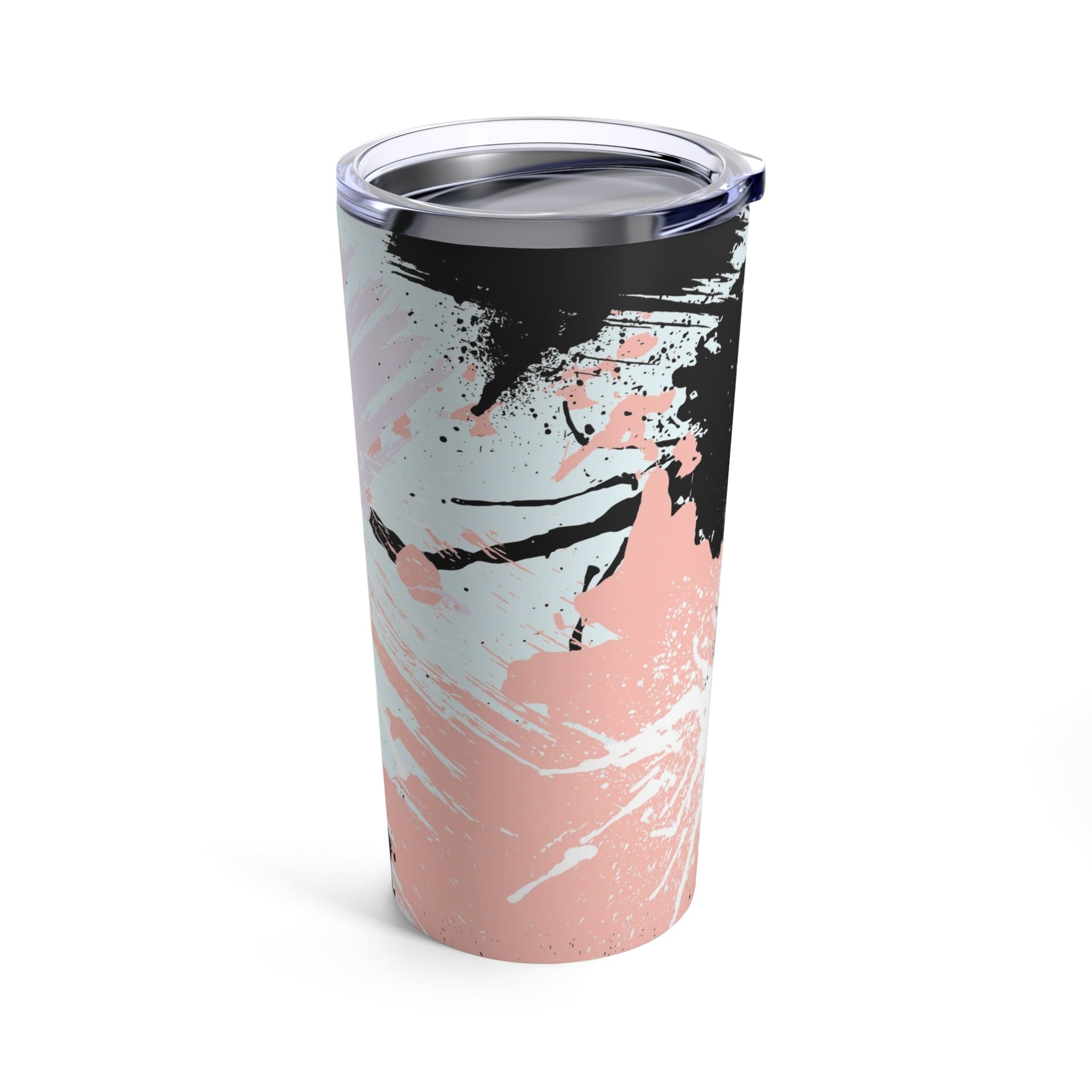 20oz insulated tumbler featuring a pink and black abstract pattern, made of stainless steel with a see-thru plastic lid.