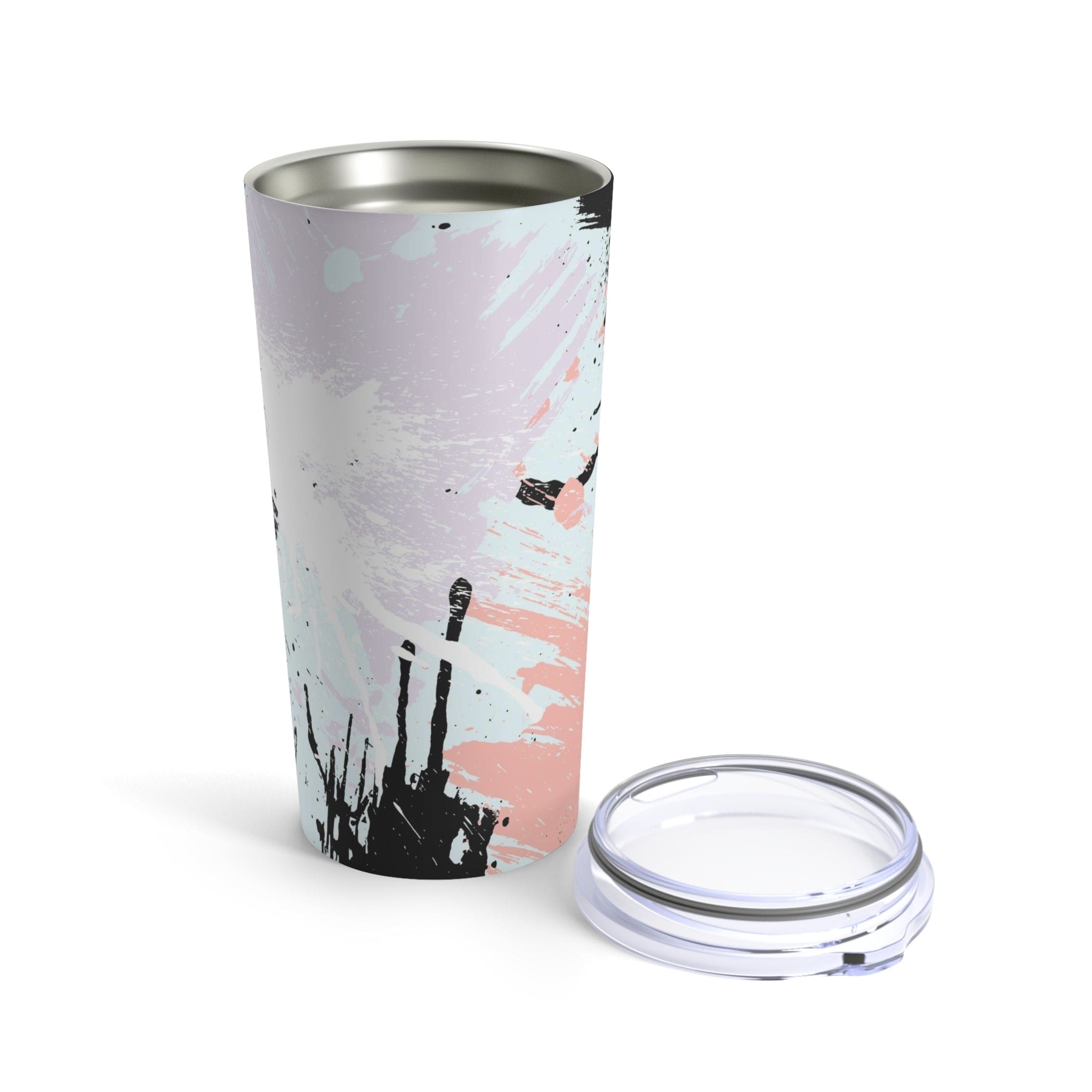 20oz insulated tumbler featuring a pink and black abstract pattern, made of stainless steel with a see-thru plastic lid.