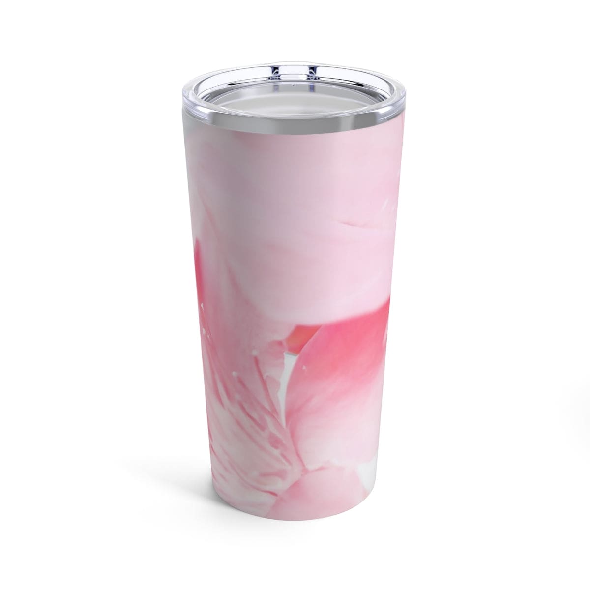 20oz insulated tumbler with a pink flower bloom design, showcasing its stainless steel body and see-thru plastic lid.