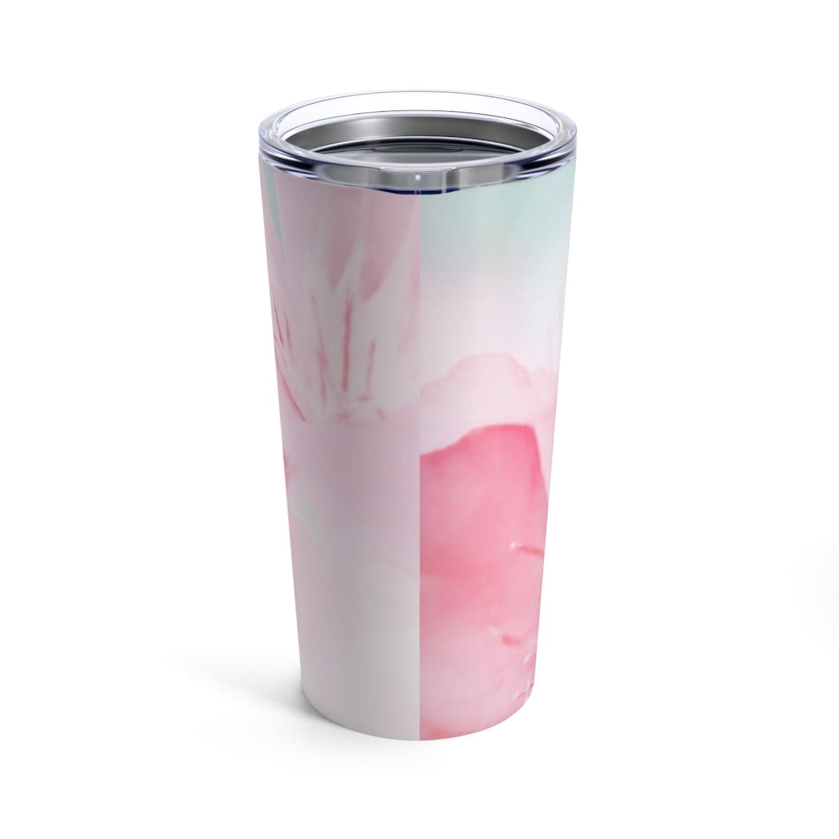 20oz insulated tumbler with a pink flower bloom design, showcasing its stainless steel body and see-thru plastic lid.