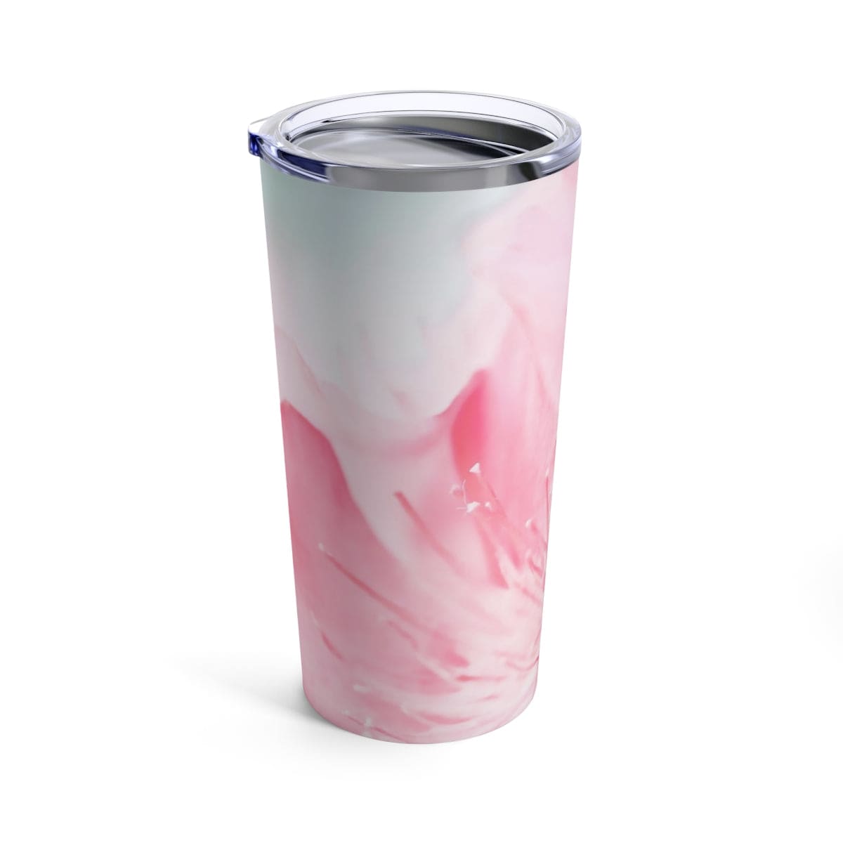 20oz insulated tumbler with a pink flower bloom design, showcasing its stainless steel body and see-thru plastic lid.