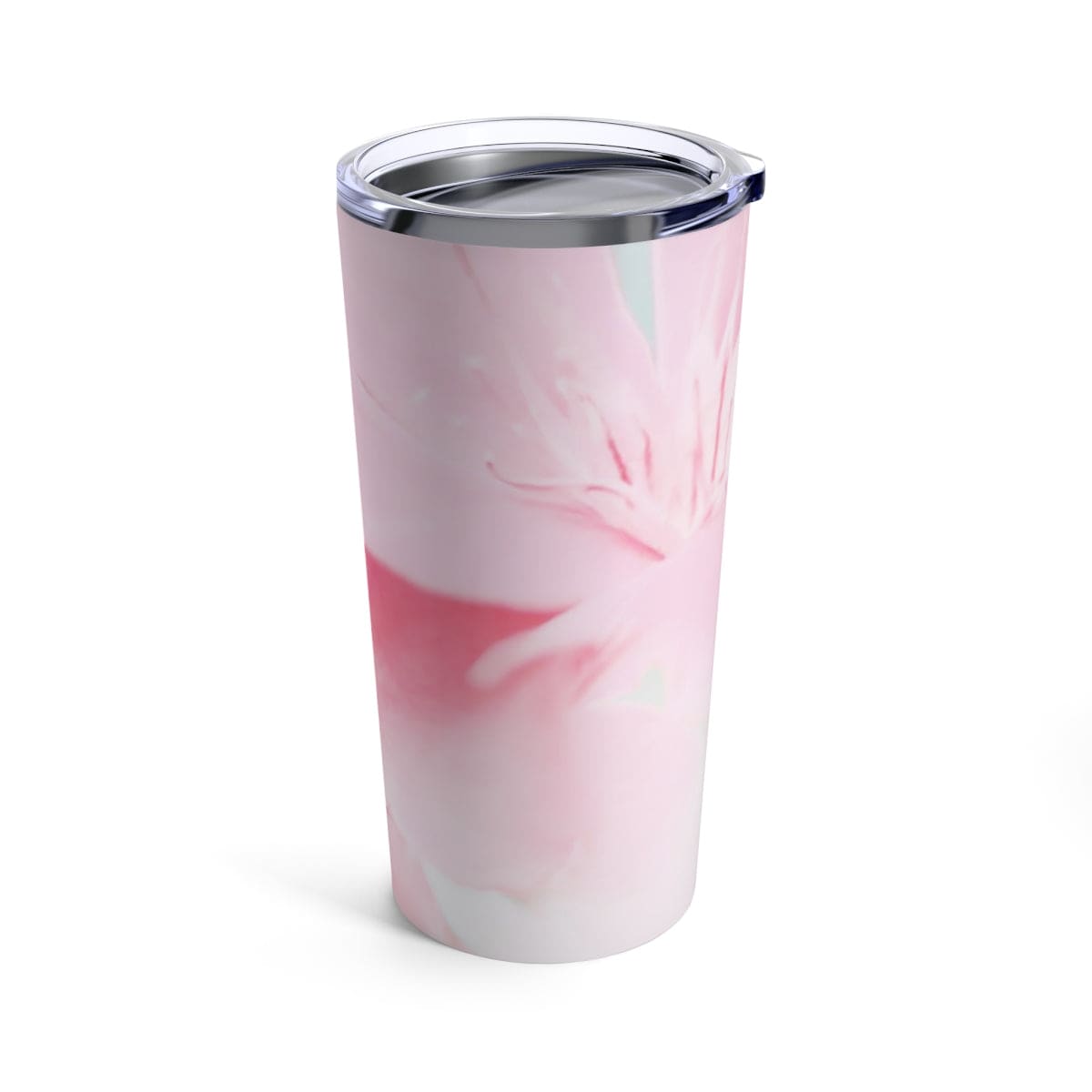 20oz insulated tumbler with a pink flower bloom design, showcasing its stainless steel body and see-thru plastic lid.