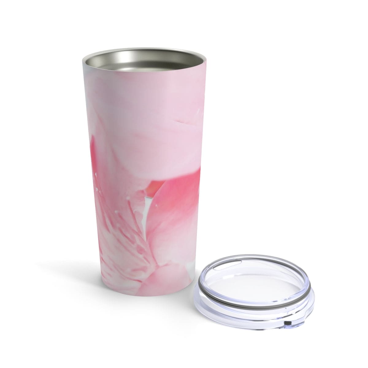 20oz insulated tumbler with a pink flower bloom design, showcasing its stainless steel body and see-thru plastic lid.