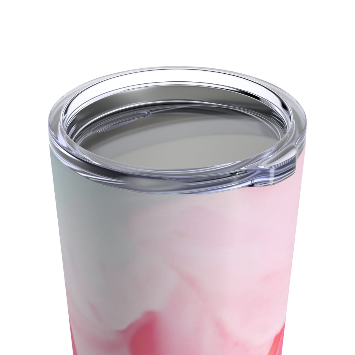 20oz insulated tumbler with a pink flower bloom design, showcasing its stainless steel body and see-thru plastic lid.