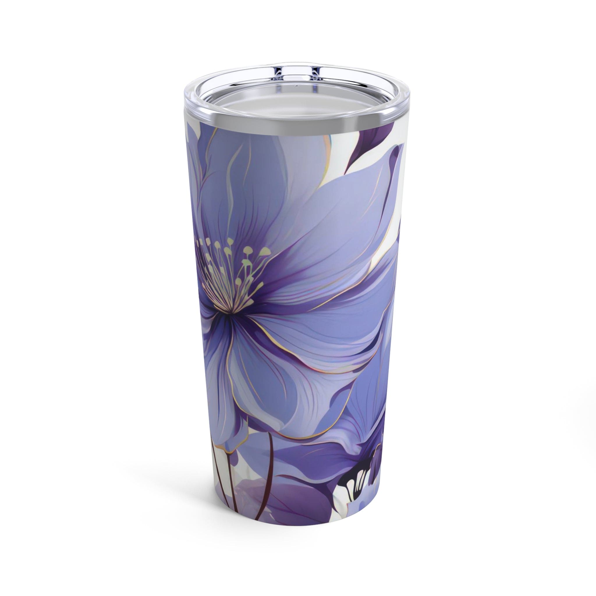 20oz insulated tumbler featuring a purple and violet floral design, perfect for travel and everyday use.