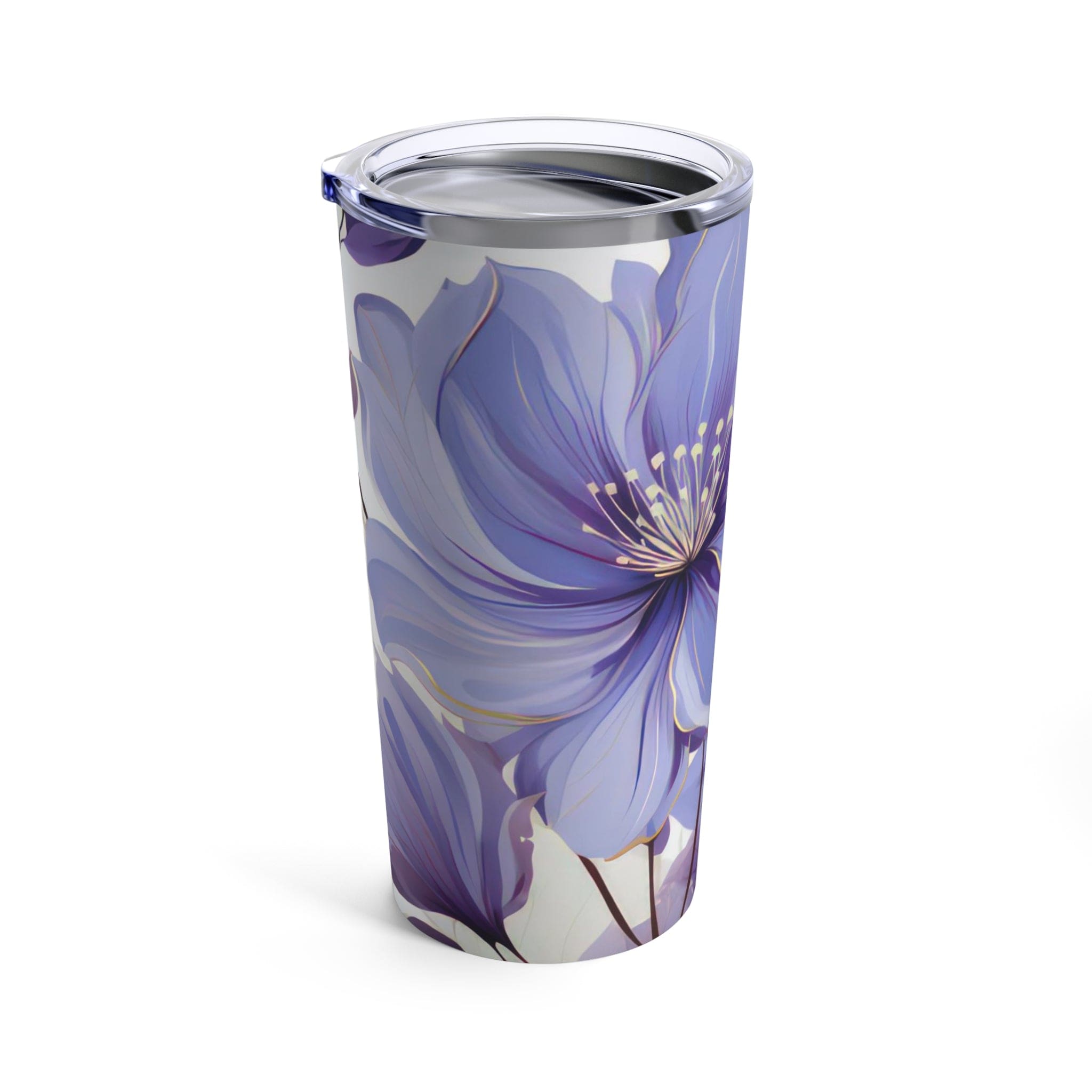 20oz insulated tumbler featuring a purple and violet floral design, perfect for travel and everyday use.