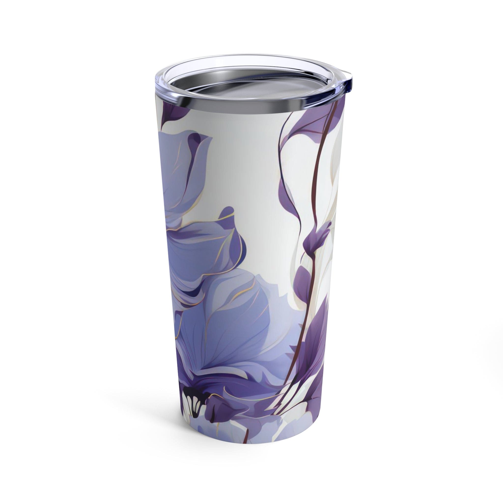 20oz insulated tumbler featuring a purple and violet floral design, perfect for travel and everyday use.